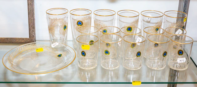 An Assortment of Vintage Peacock Feather Glassware