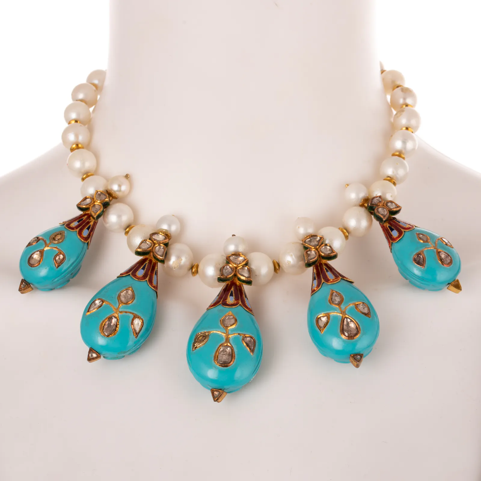A Mughal-Style Turquoise, Diamond & Pearl Necklace in 18K