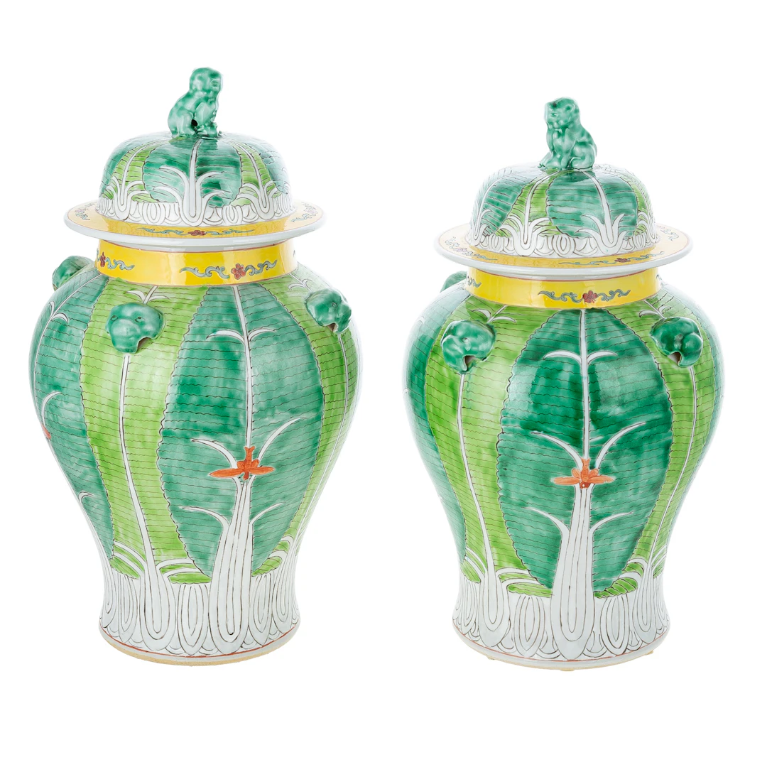 A Near Pair of Chinese Porcelain Bok choy/Cabbage Leaf Lidded Ginger Jars