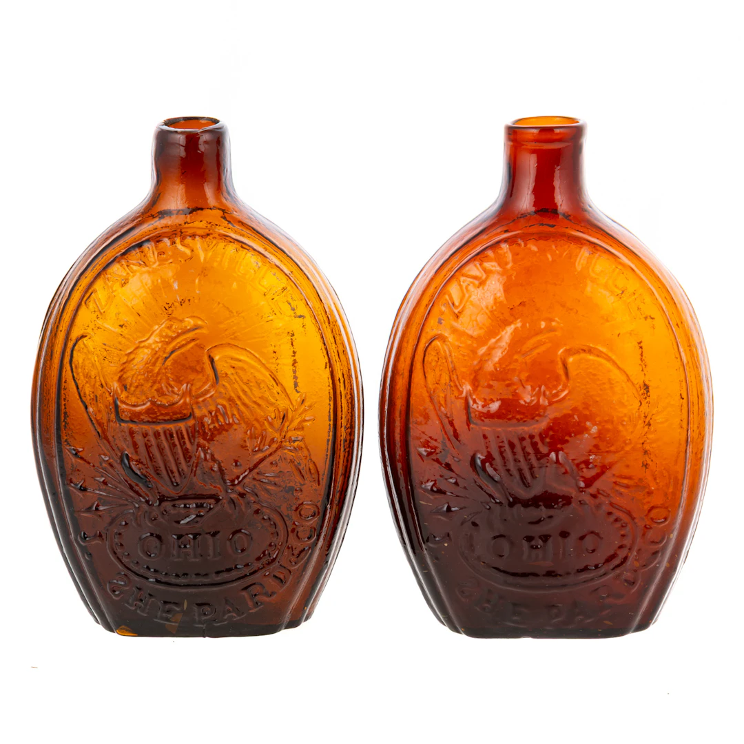 A Pair of Blown Glass Commemorative Flask Bottles