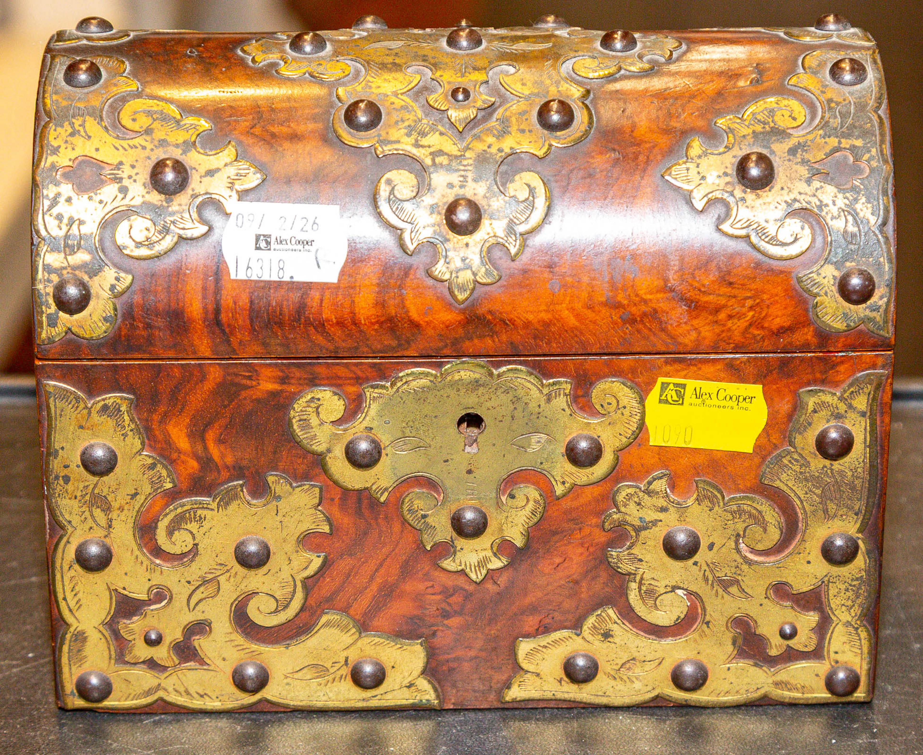 A Continental Brass & Walnut Trinket Box