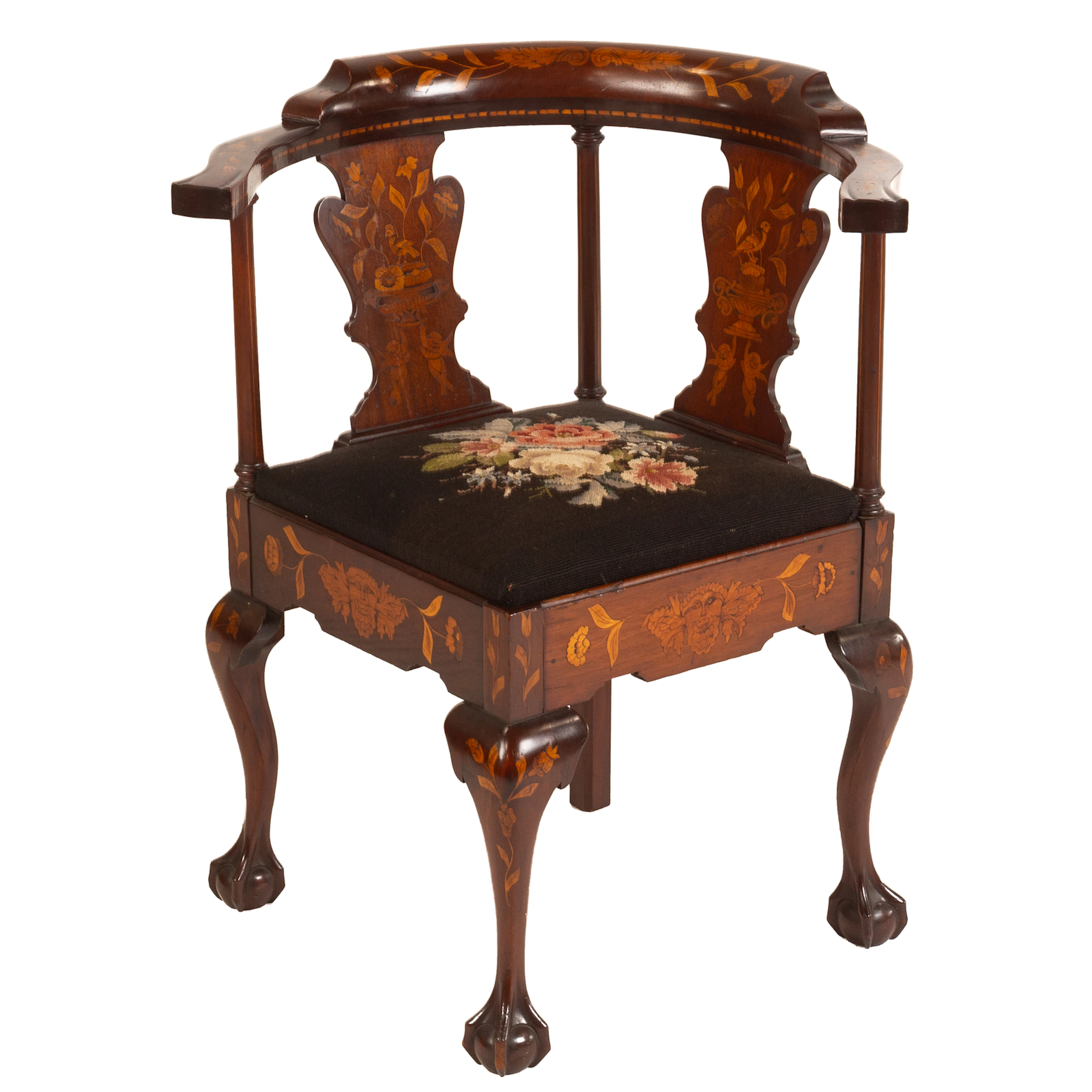 Dutch Tulipwood Marquetry Inlay Corner Chair