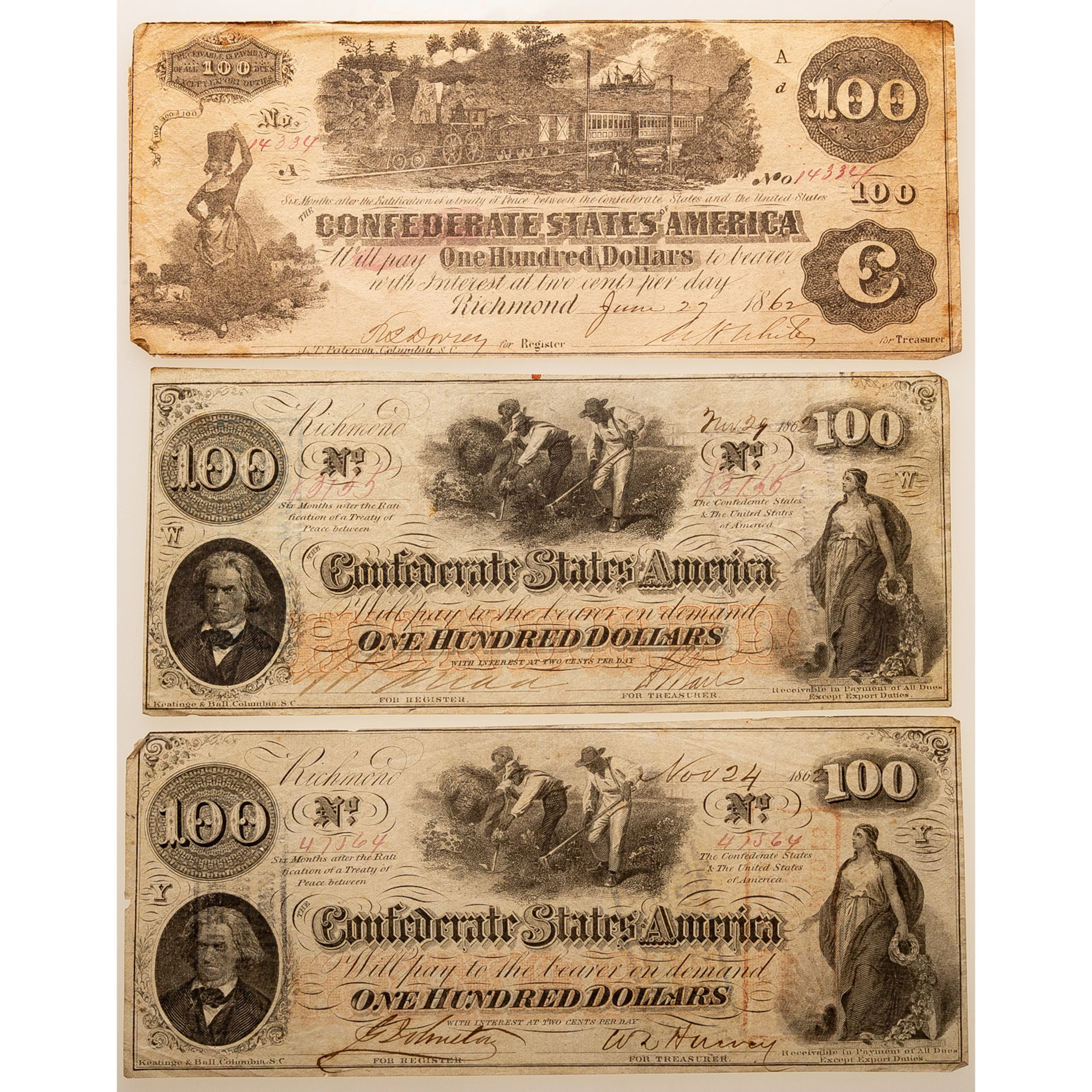 A Trio of 1862 Confederate $100 Notes