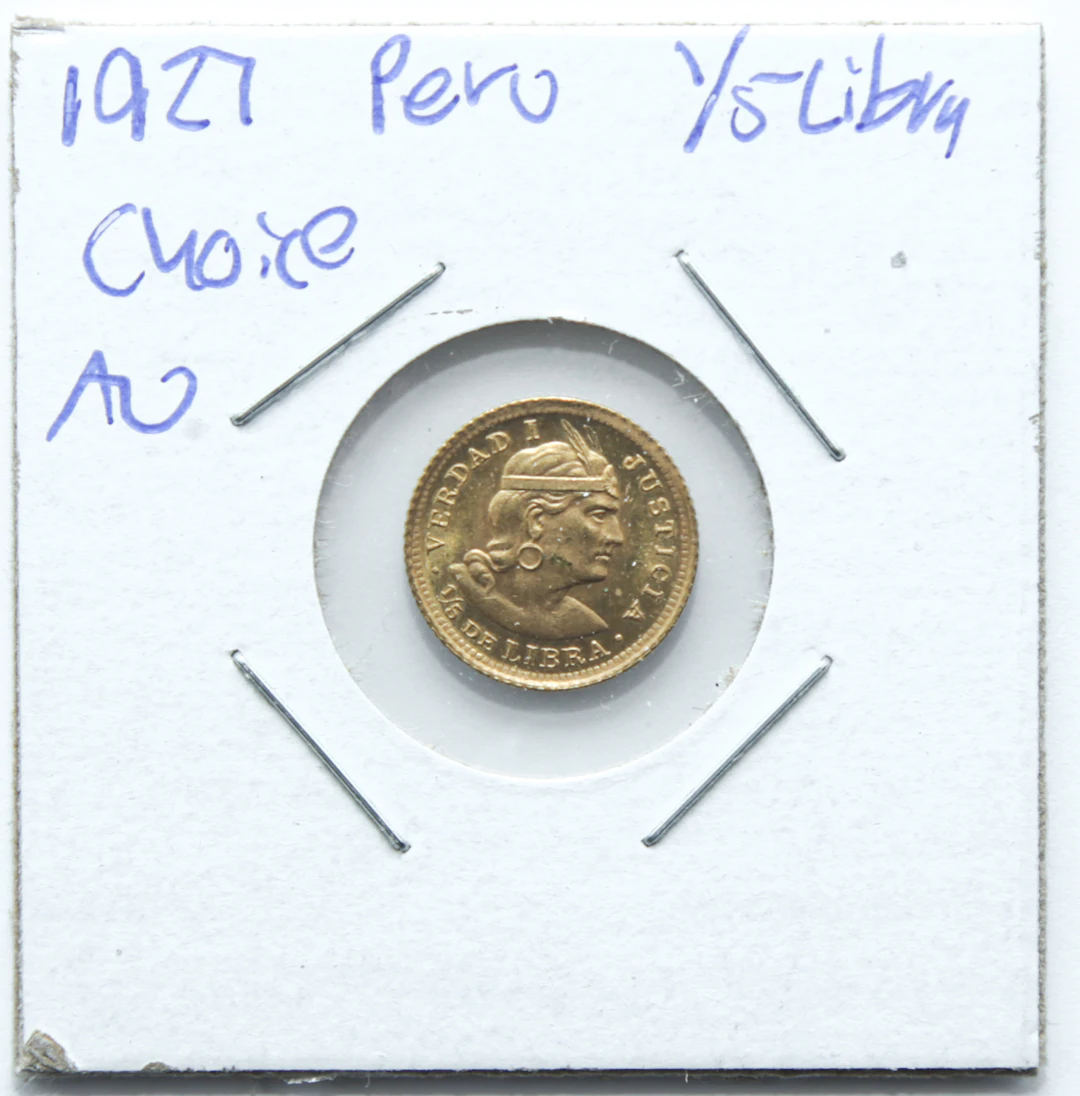 1927 Republic of Peru Gold 1/5 Libra, Choice AU
