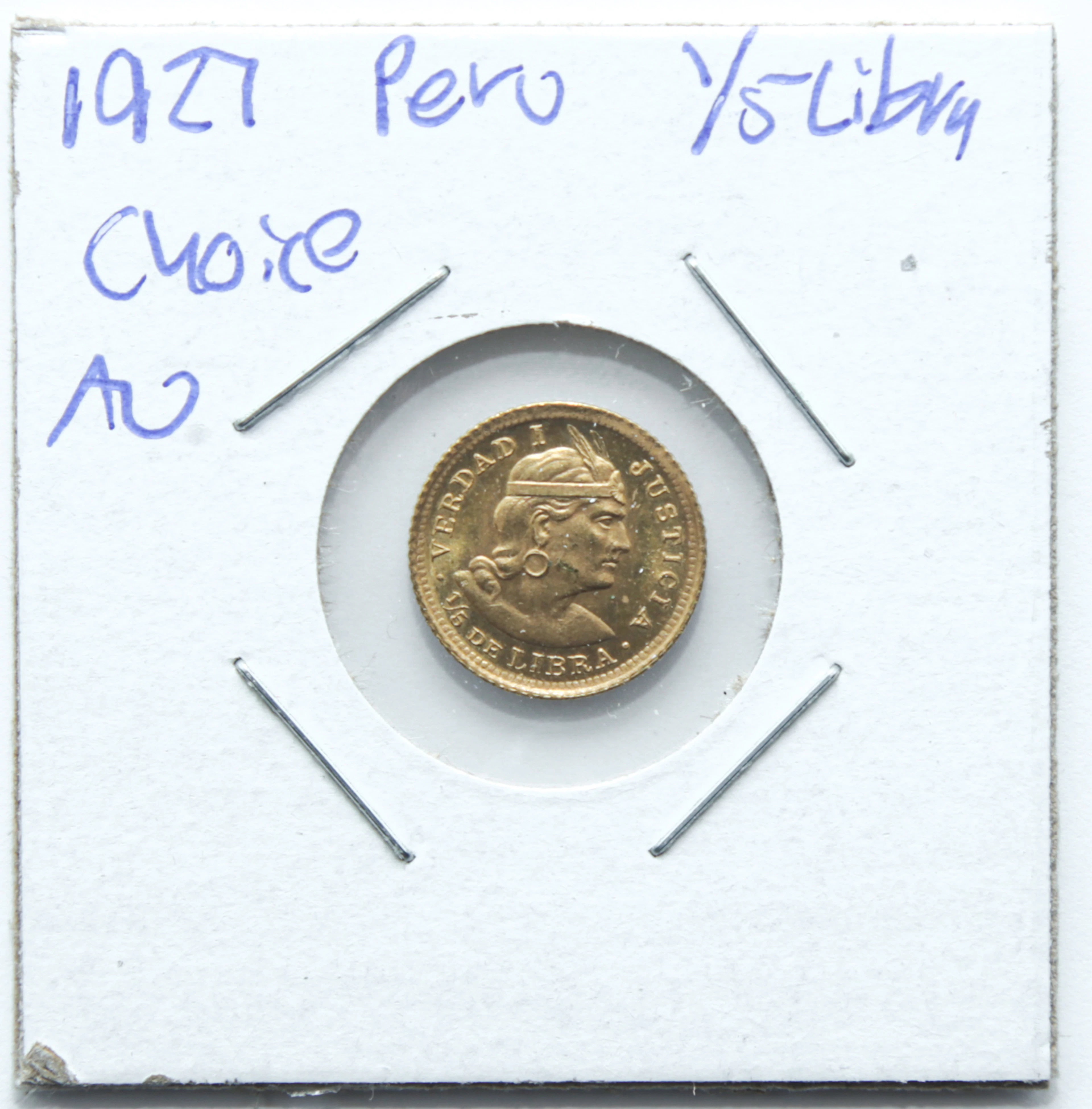 1927 Republic of Peru Gold 1/5 Libra, Choice AU