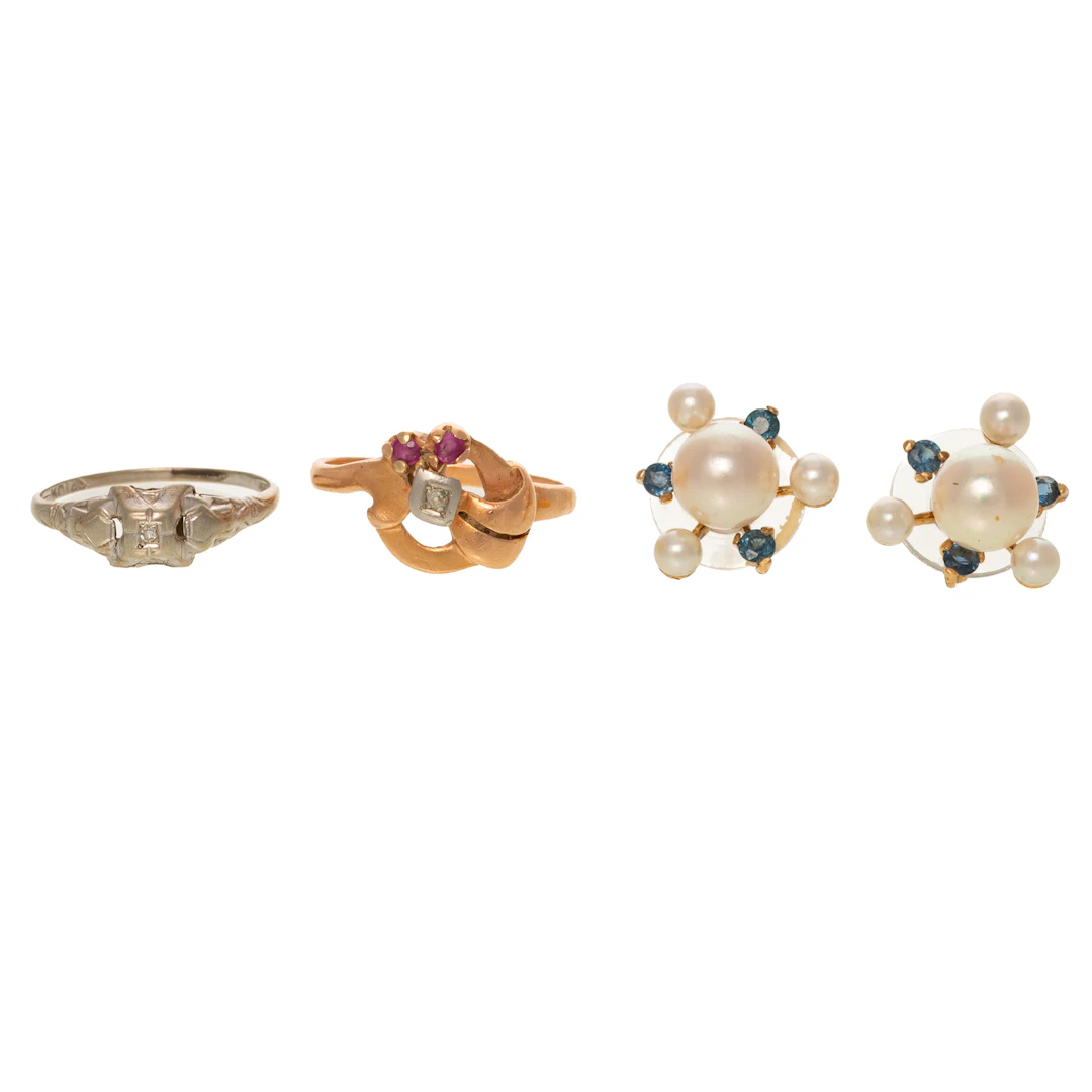 A Pair of Pearl Studs/Jackets & Two Rings in Gold