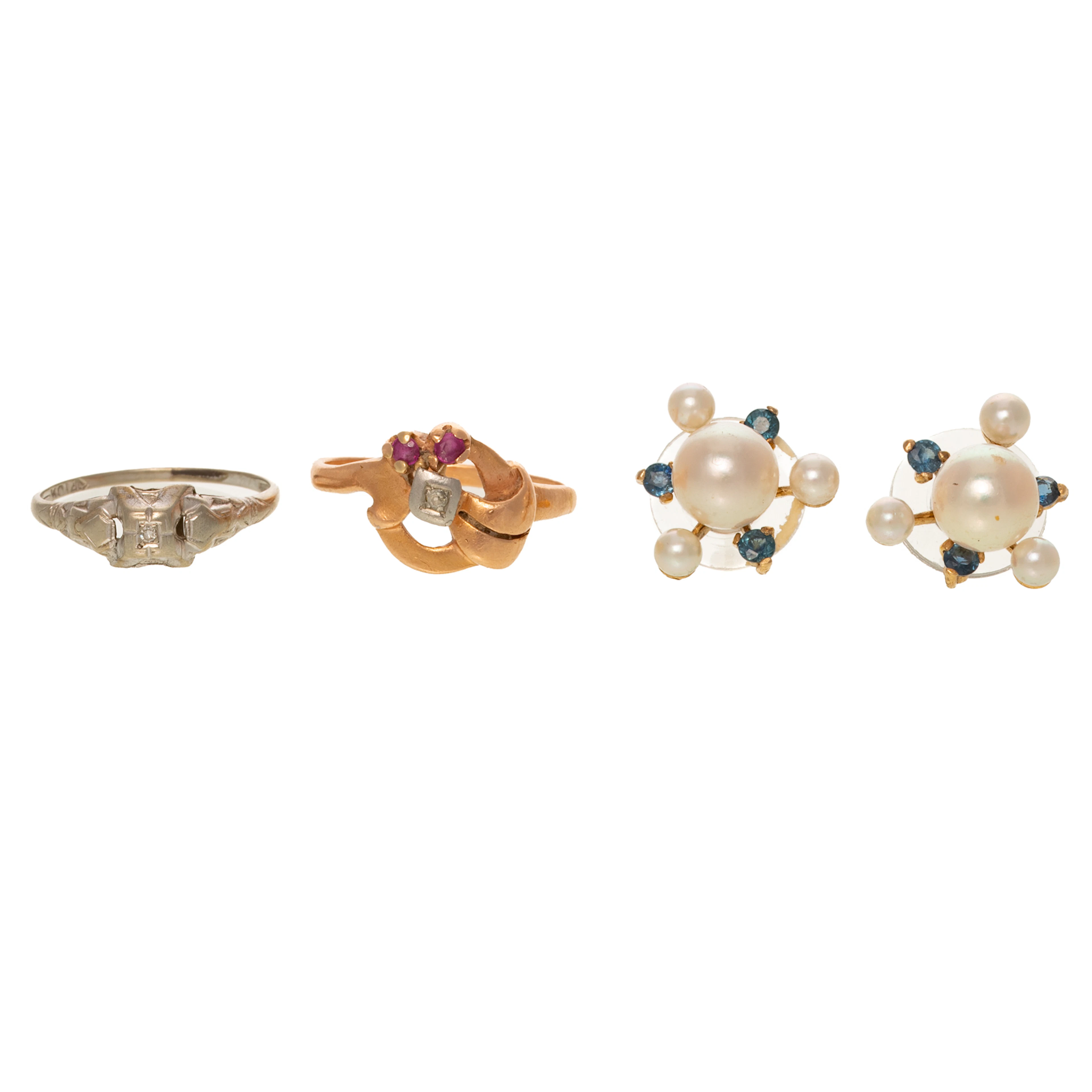 A Pair of Pearl Studs/Jackets & Two Rings in Gold