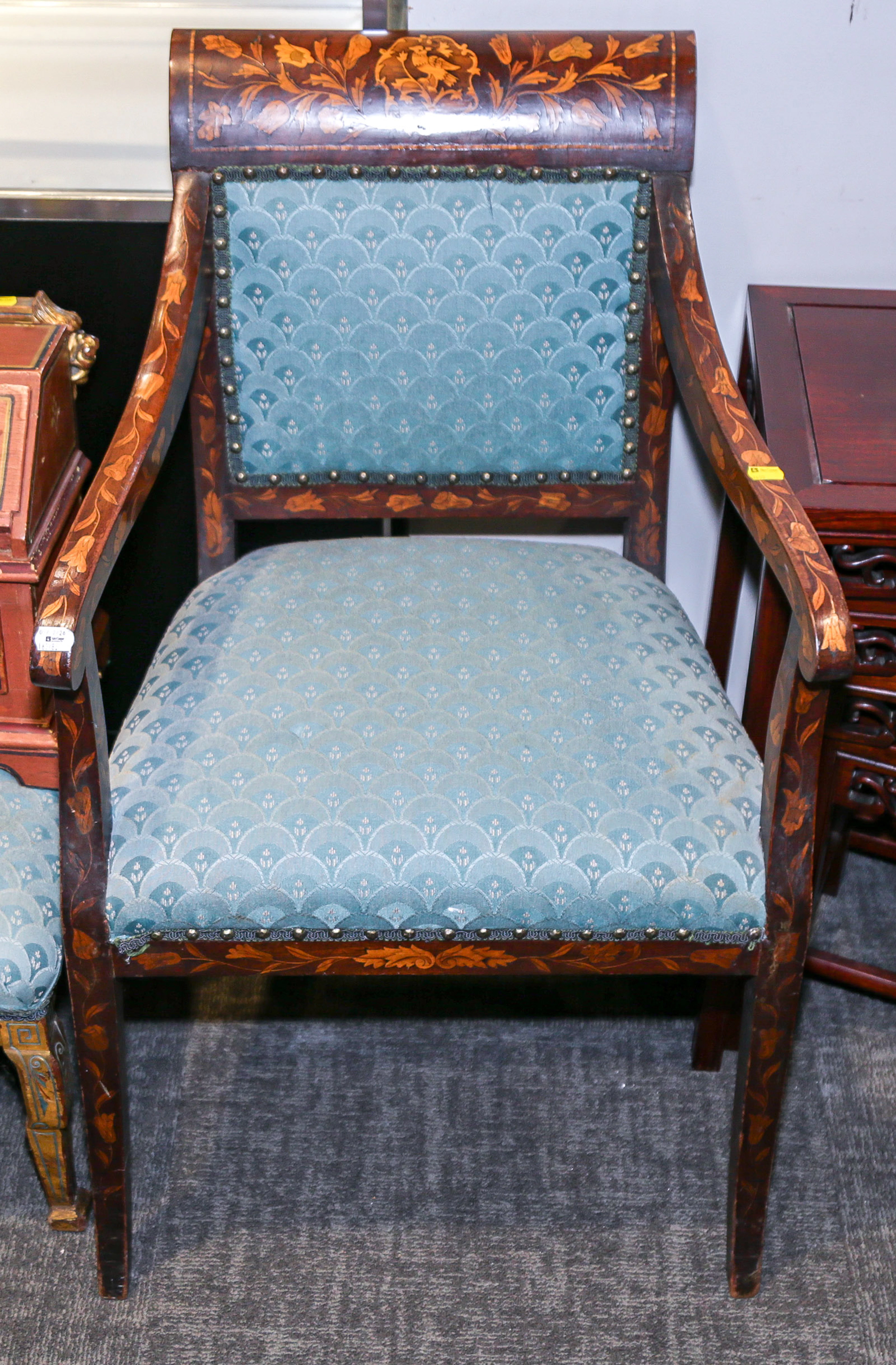 An Antique Dutch Marquetry Walnut Armchair