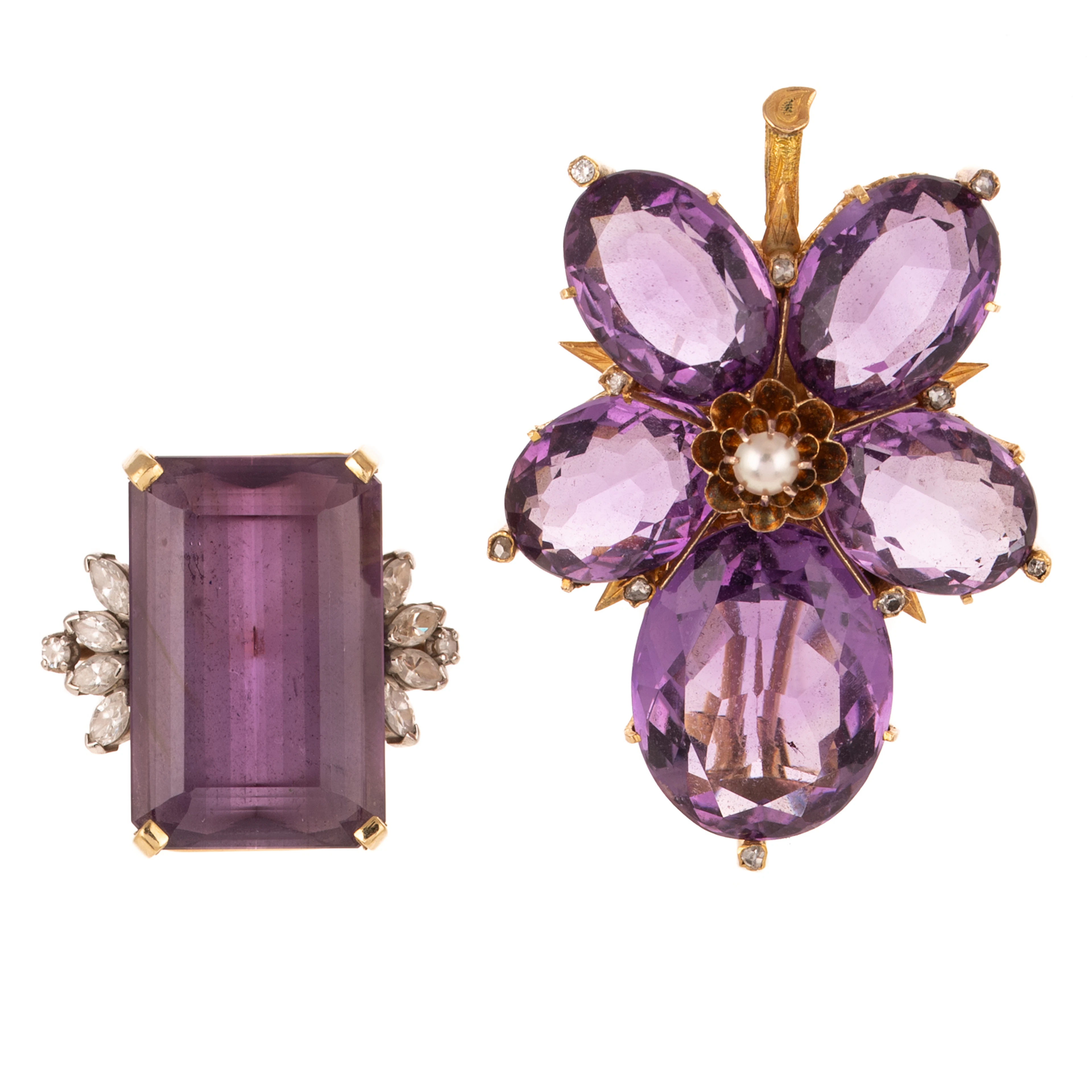 An Amethyst Leaf Brooch & Cocktail Ring in 14K