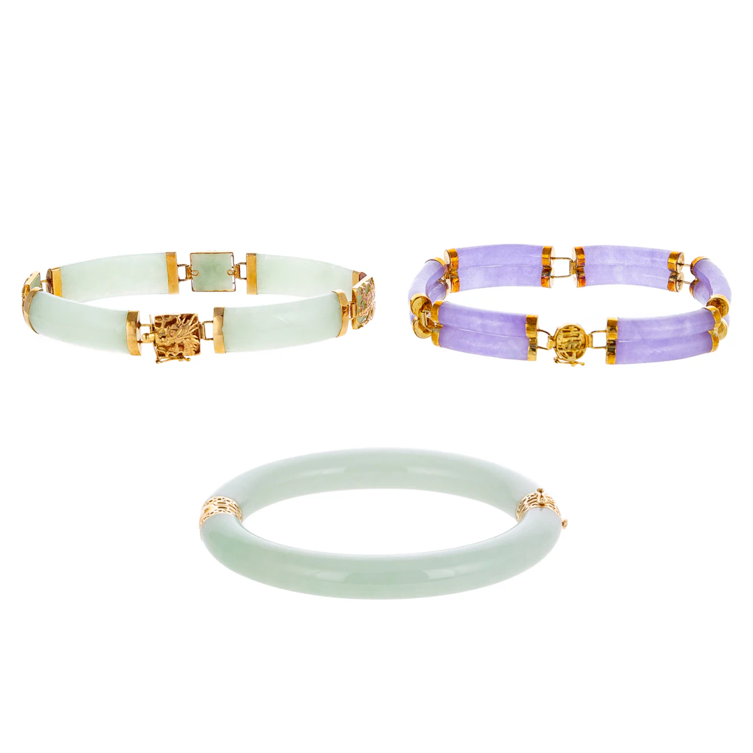 A Trio of Jade Bangles & Bracelets in 14K