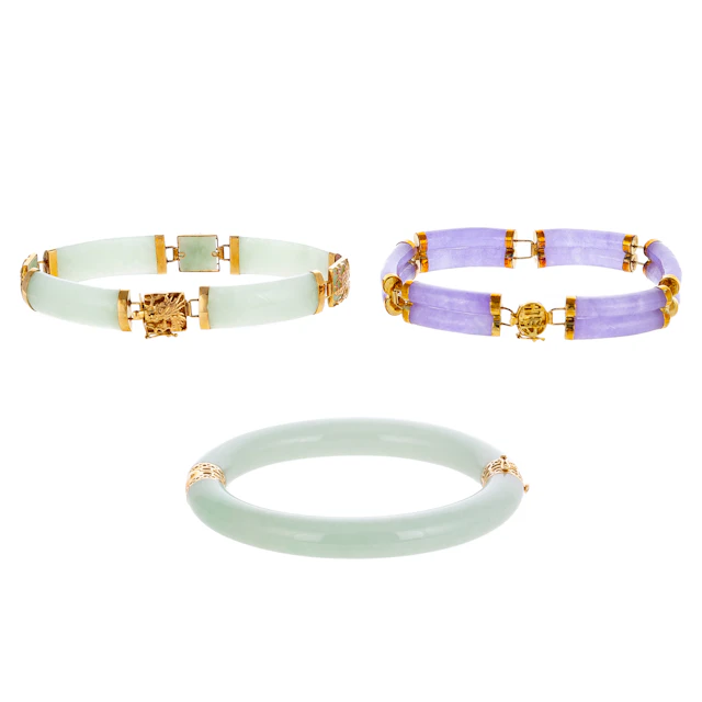A Trio of Jade Bangles & Bracelets in 14K