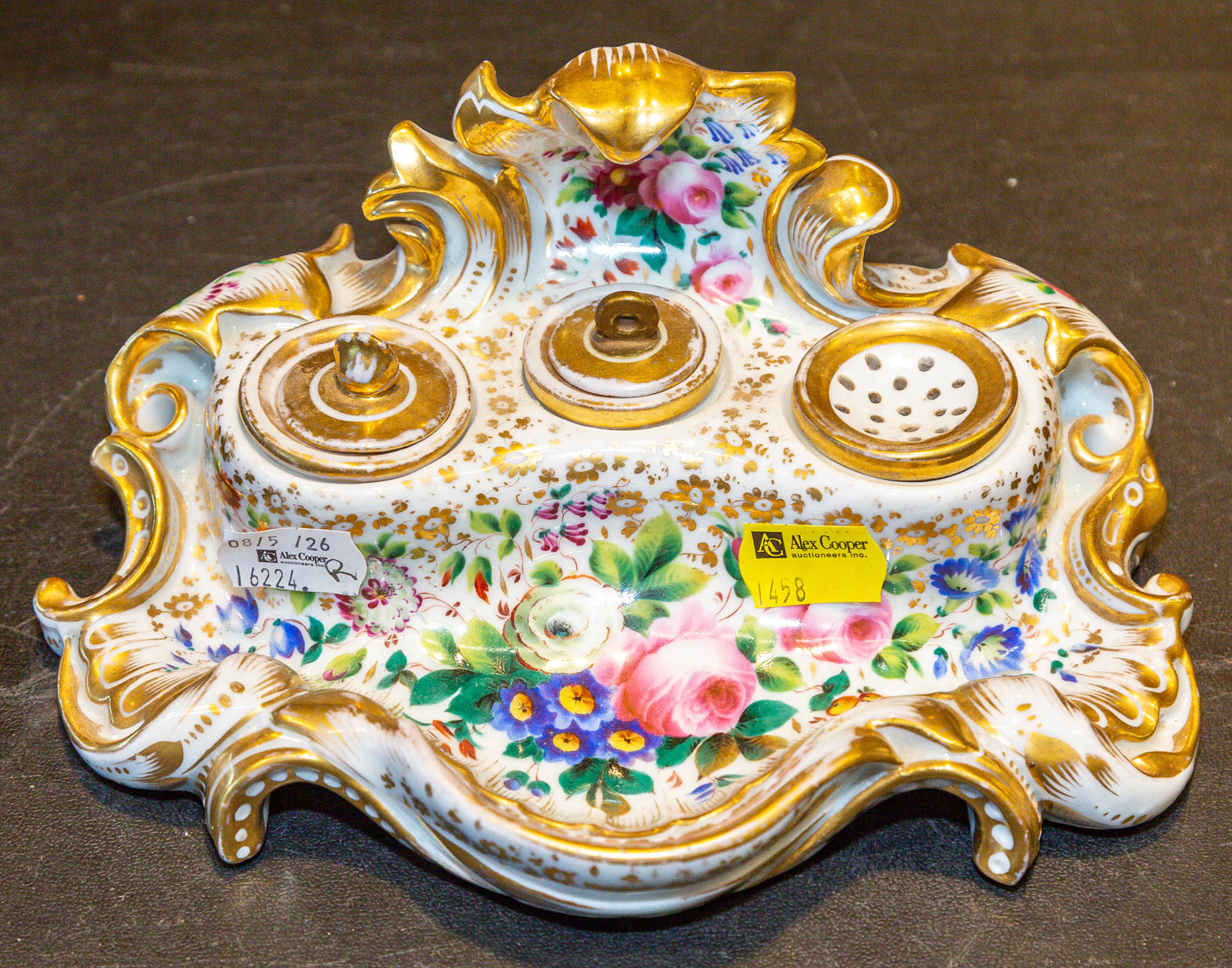 A French Painted & Gilt Porcelain Ink Stand
