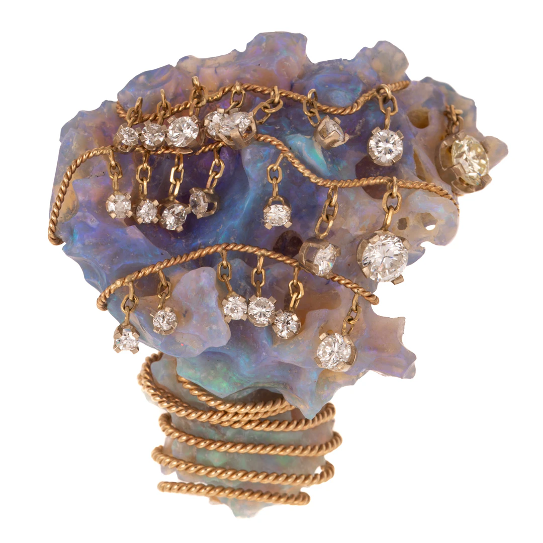 A Natural Opal & 4.05 Ctw Diamond Brooch in 14K