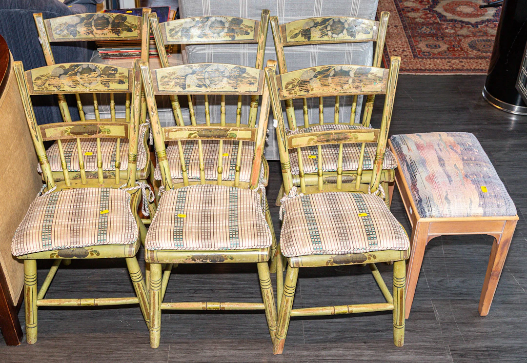 A Set of Six Fancy-Painted Plank Seat Chairs