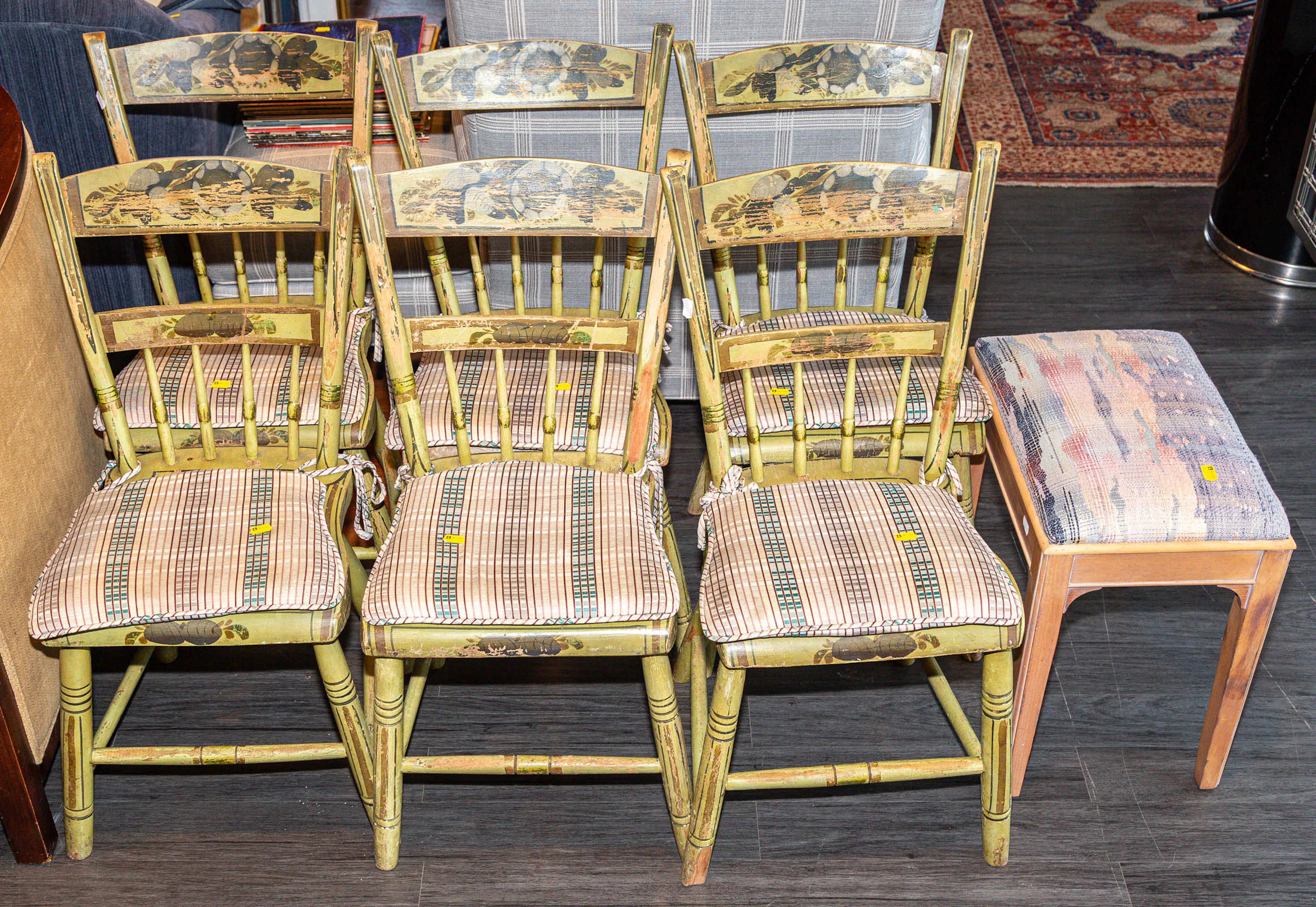 A Set of Six Fancy-Painted Plank Seat Chairs