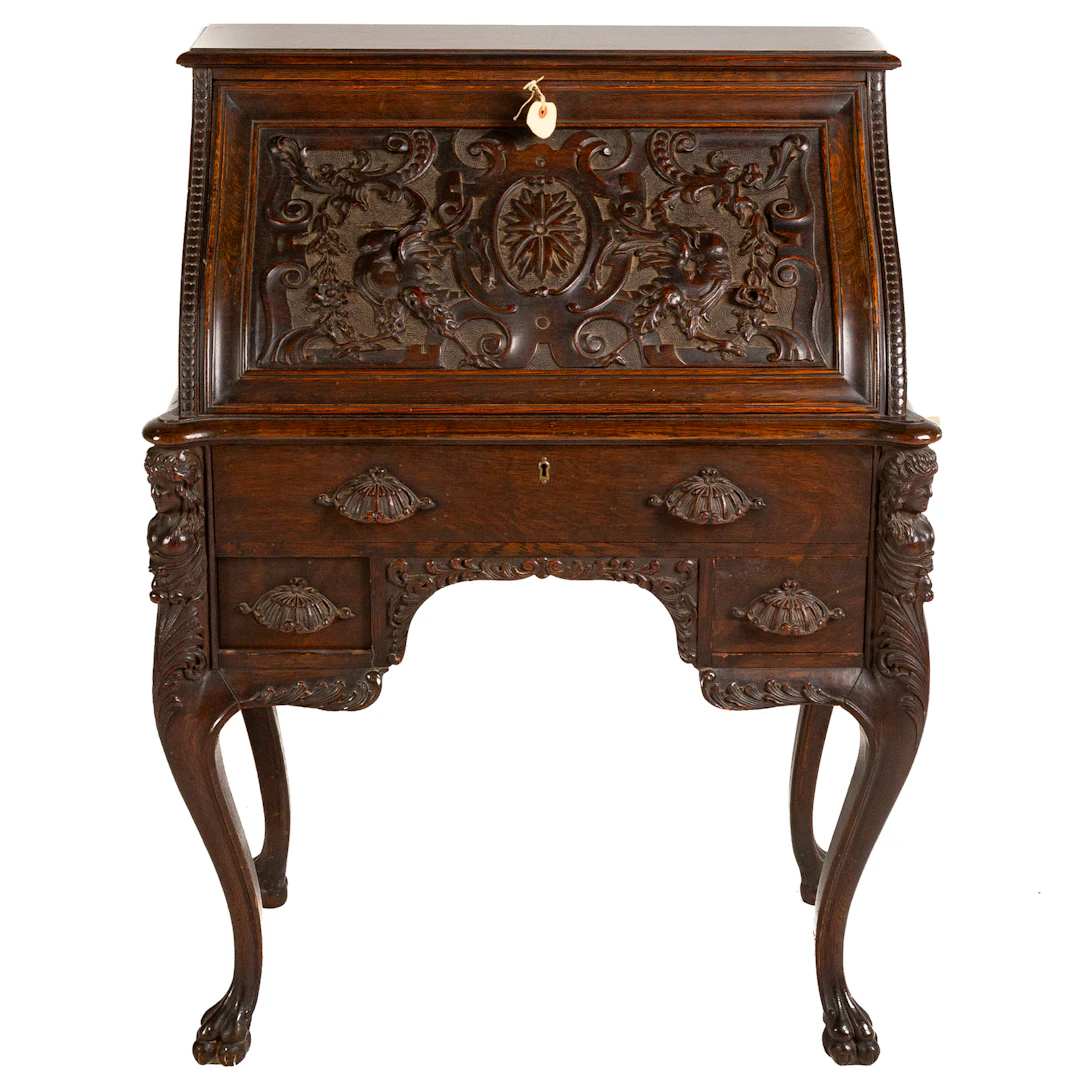Renaissance Revival Carved Oak Fall Front Desk