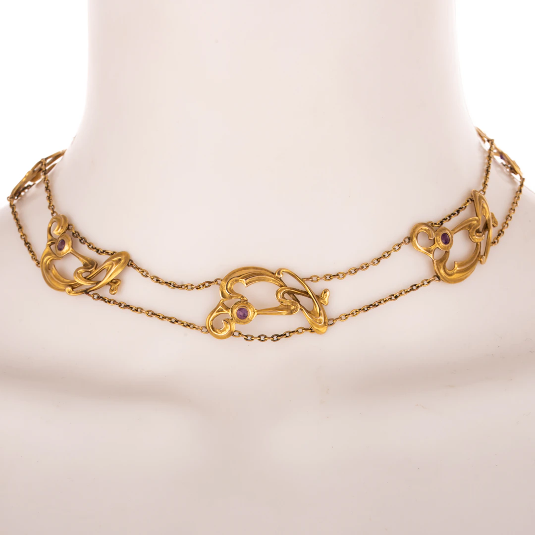 An Art Nouveau Double Chain Scroll Necklace in 14K