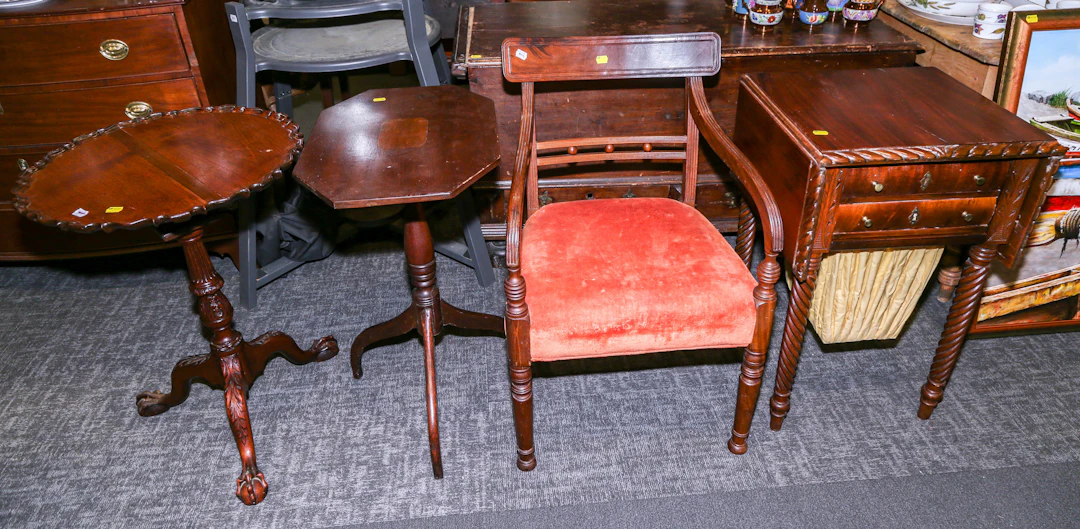 A Work Table, Armchair, Candlestand, & Tilt Top