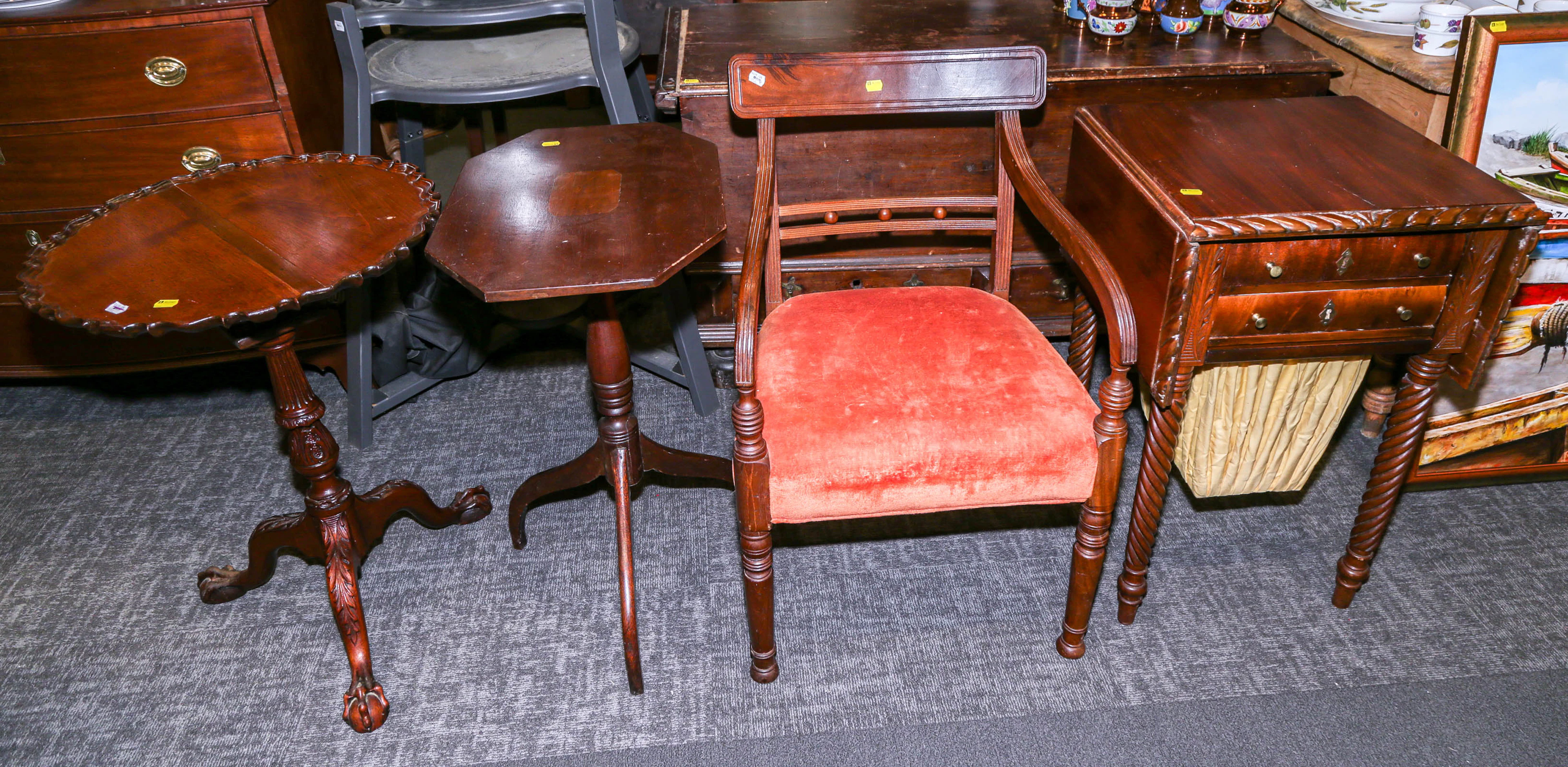 A Work Table, Armchair, Candlestand, & Tilt Top
