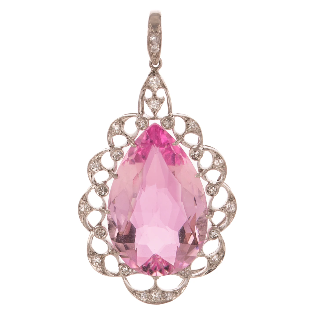 A GIA Pear Rose Cut Morganite & Diamond Pendant in Platinum