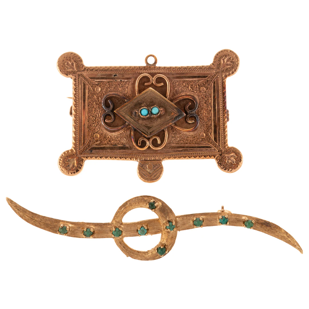 Two Victorian Brooches with Turquoise in Gold