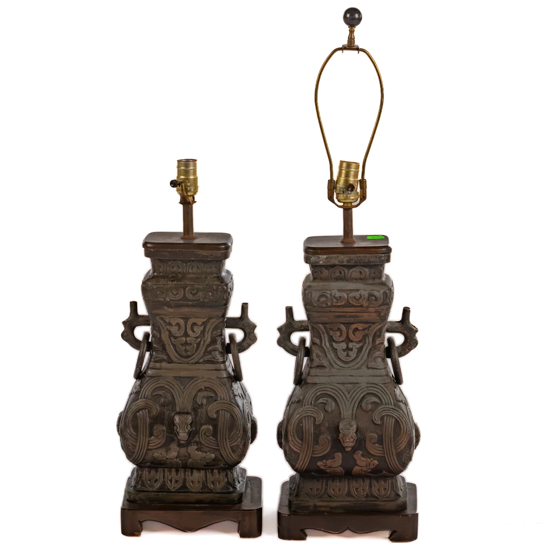 A Pair of James Mont Style Archaic Vase Lamps