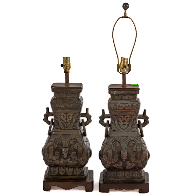 A Pair of James Mont Style Archaic Vase Lamps