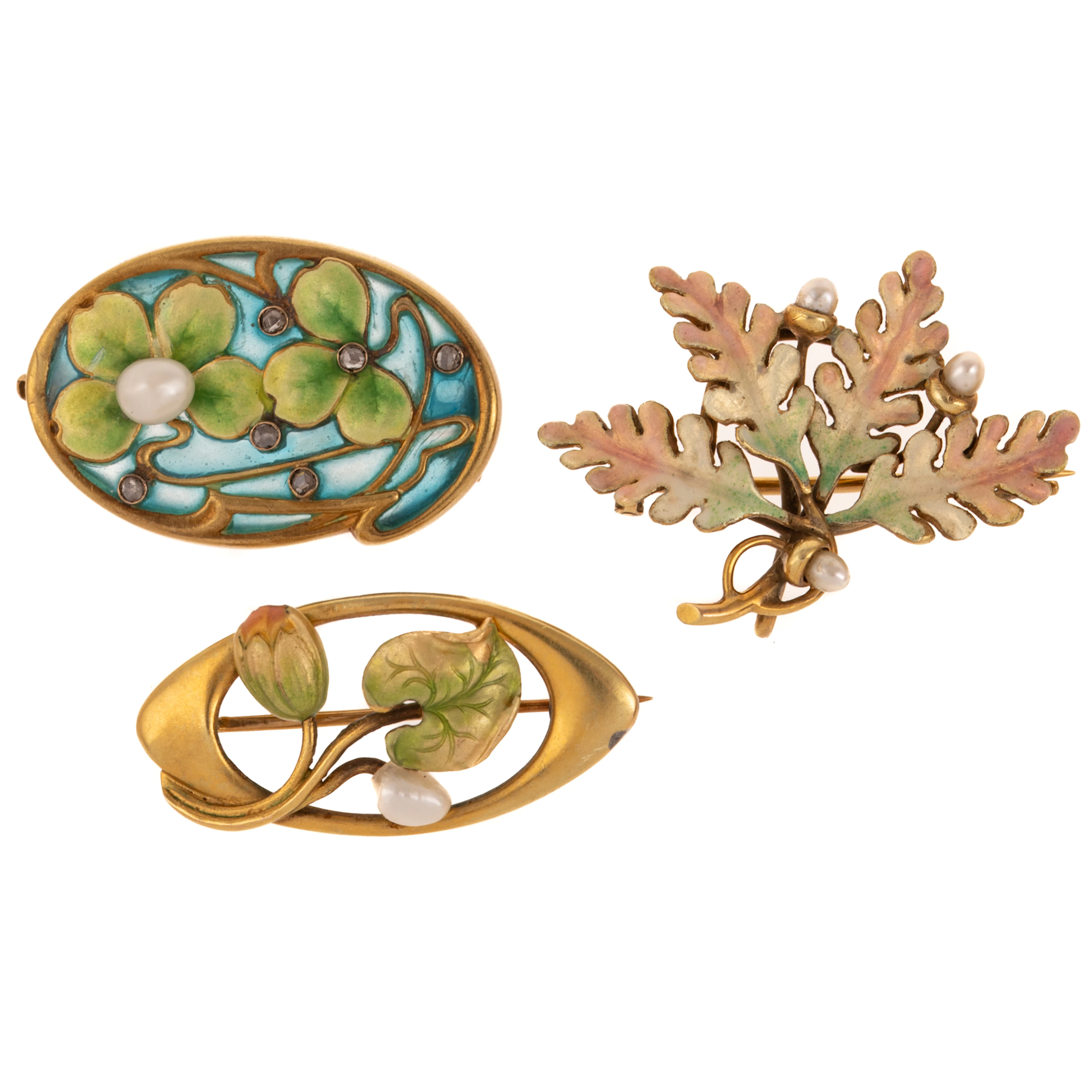 A Trio of Art Nouveau Floral Pins in 14K