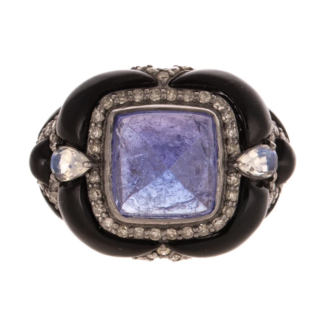 A Sugarloaf Tanzanite, Onyx & Moonstone Ring in 14K