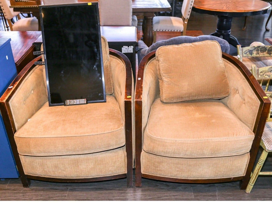A Pair of Art Deco Armchairs & Flatscreen T.V.