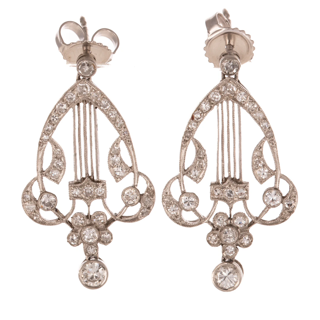 A Pair of Art Deco Diamond Drop Earrings in Platinum