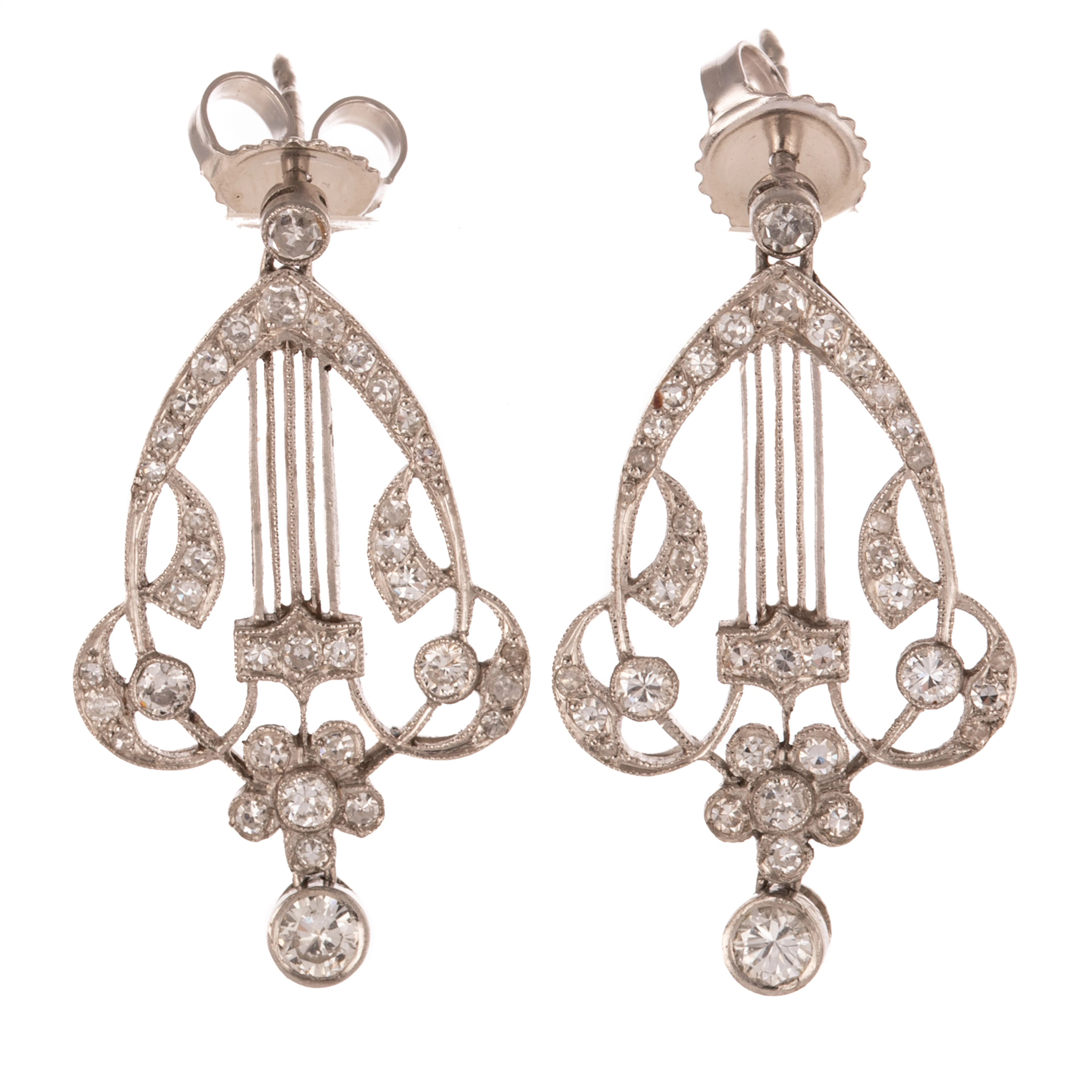A Pair of Art Deco Diamond Drop Earrings in Platinum