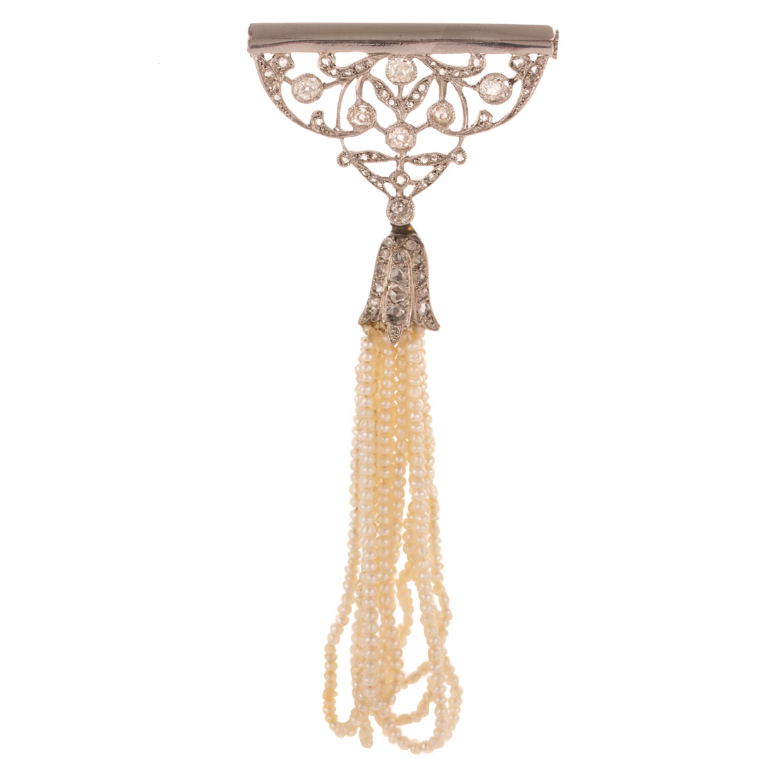 A Belle Epoque Pearl Tassel & Diamond Brooch in Platinum