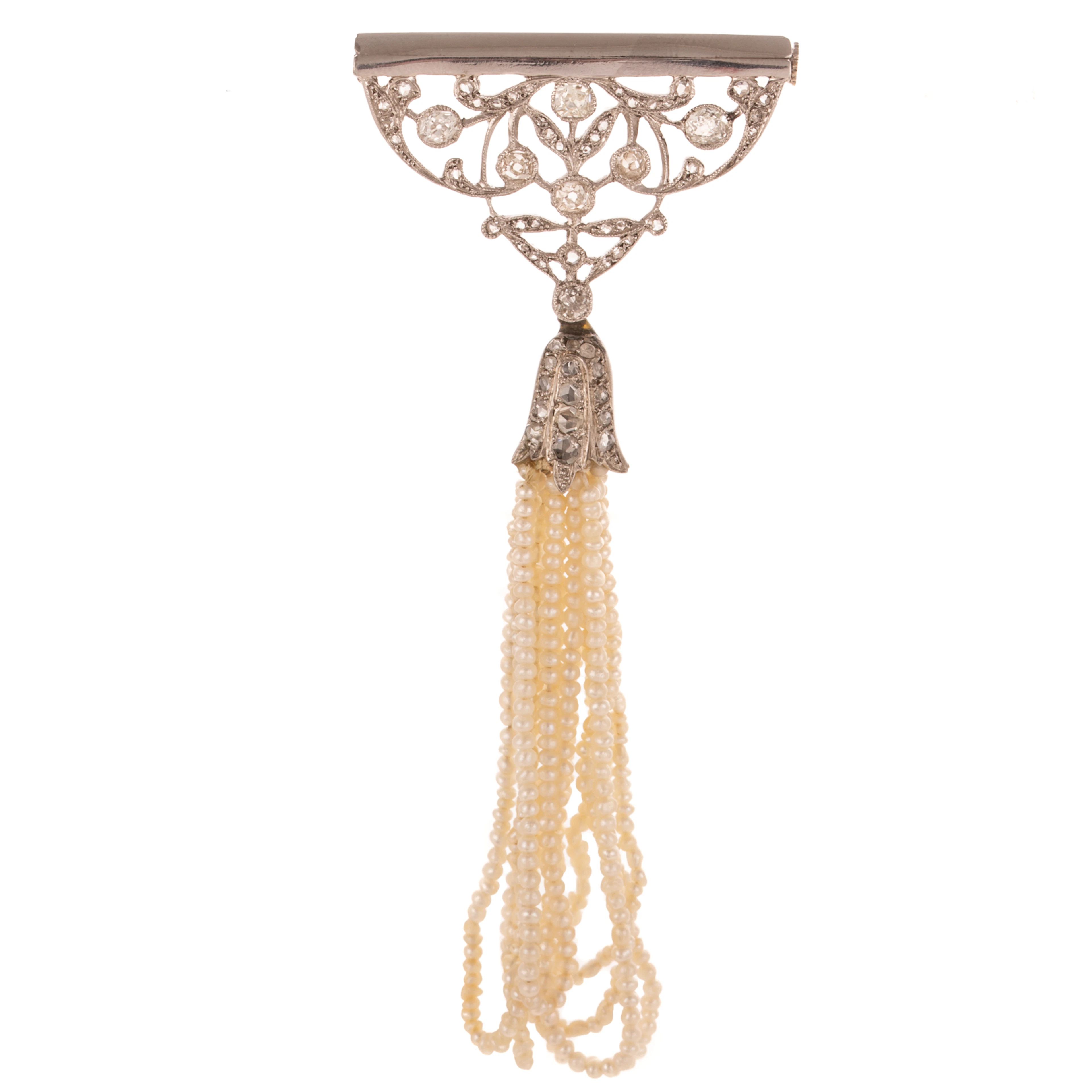 A Belle Epoque Pearl Tassel & Diamond Brooch in Platinum