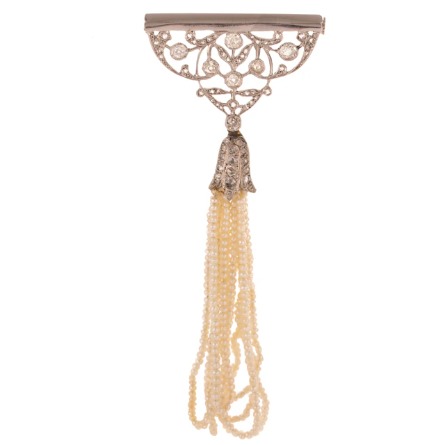 A Belle Epoque Pearl Tassel & Diamond Brooch in Platinum