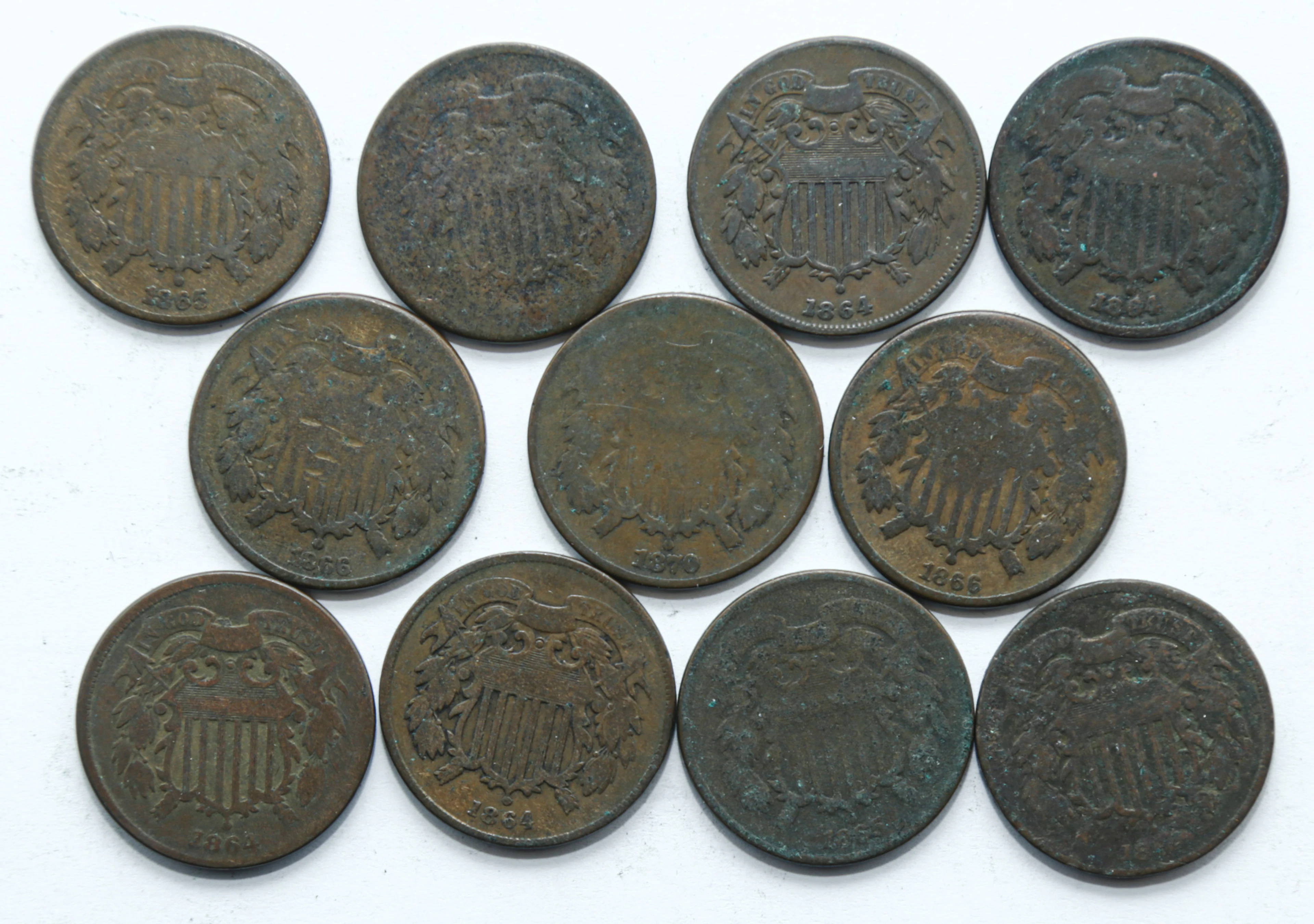 Eleven U.S. Two Cent Pieces