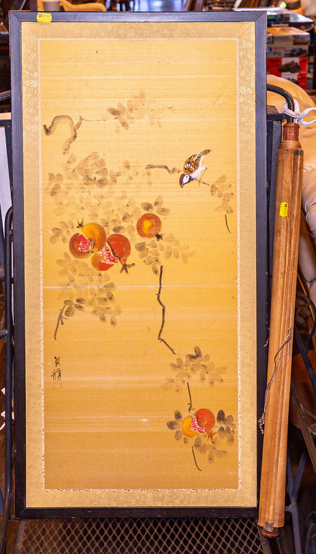 A Chinese Painting, Framed & a Printed Scroll