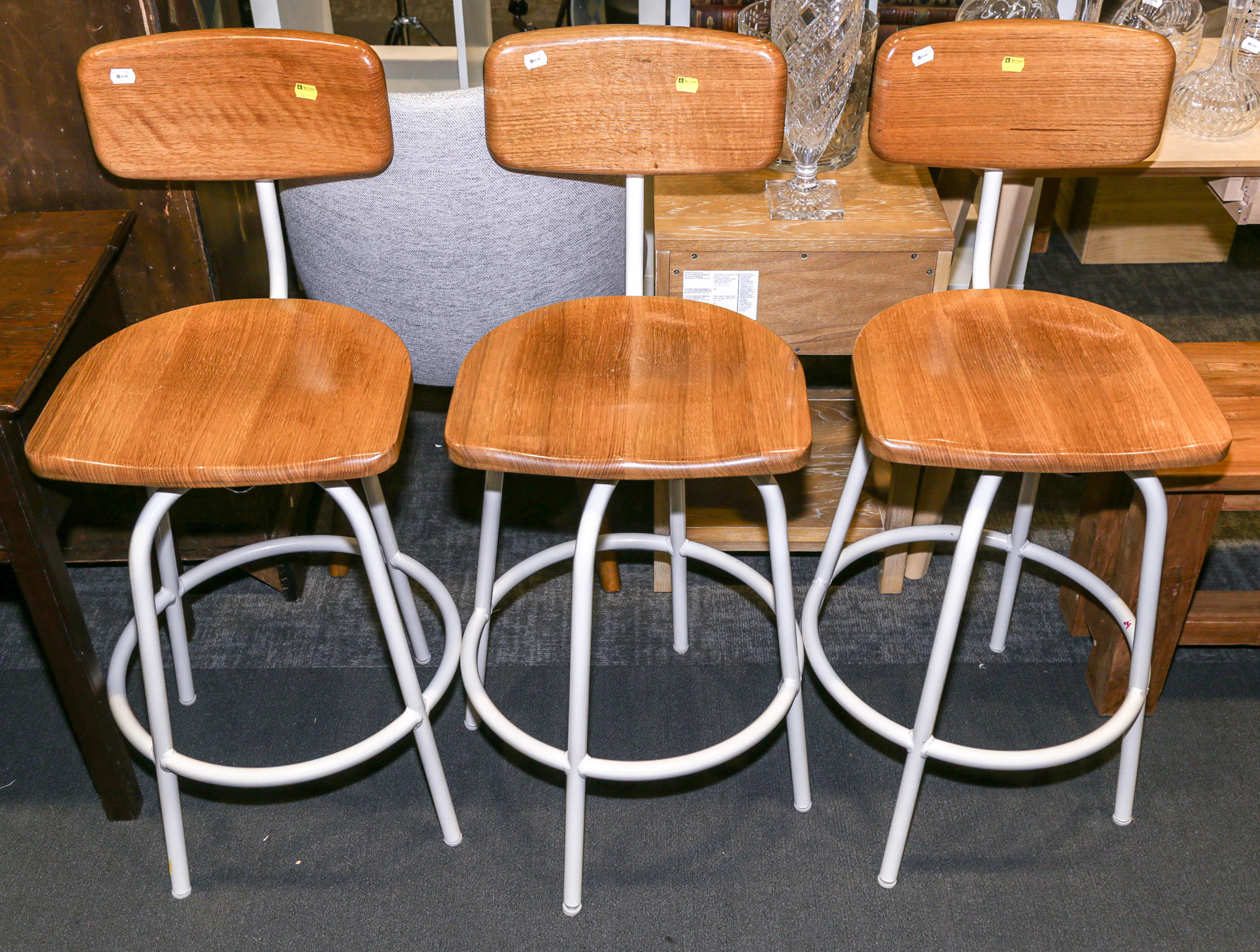 Three Modern Style Oak & Painted Iron Bar Stools