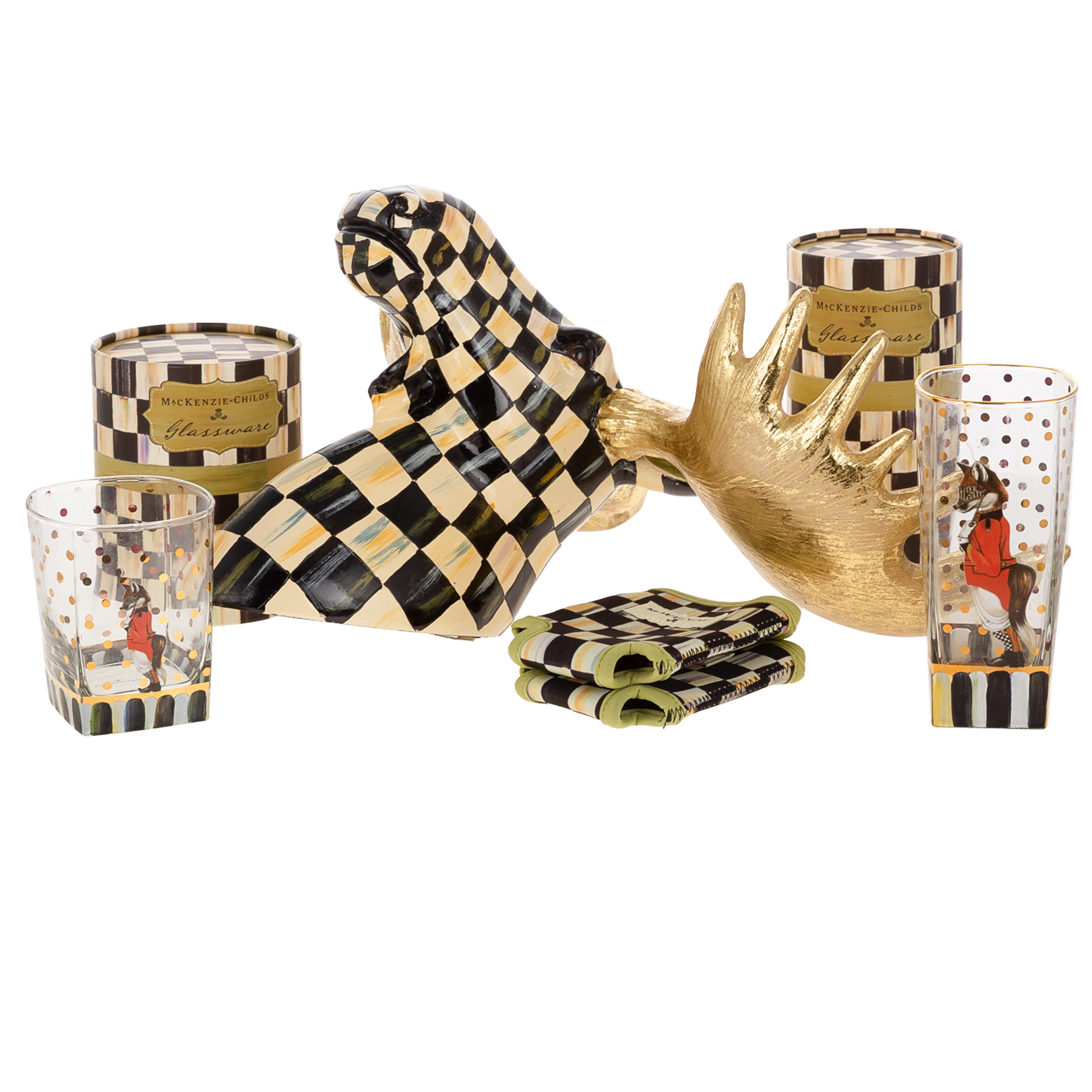 A Mackenzie-Childs Moose Head Wall Mount & Glasses