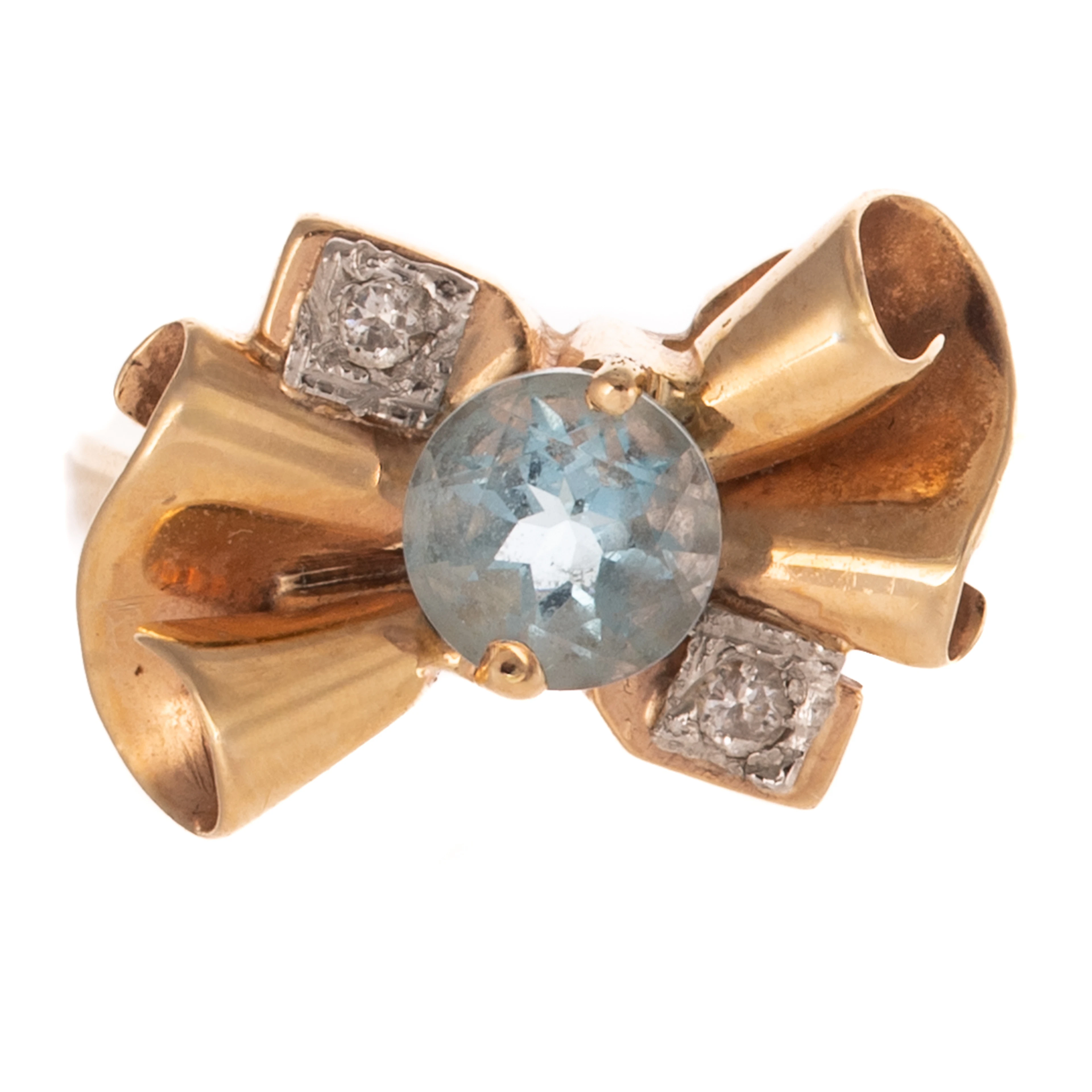 A Retro Aquamarine & Diamond Ring in 14K & Platinum