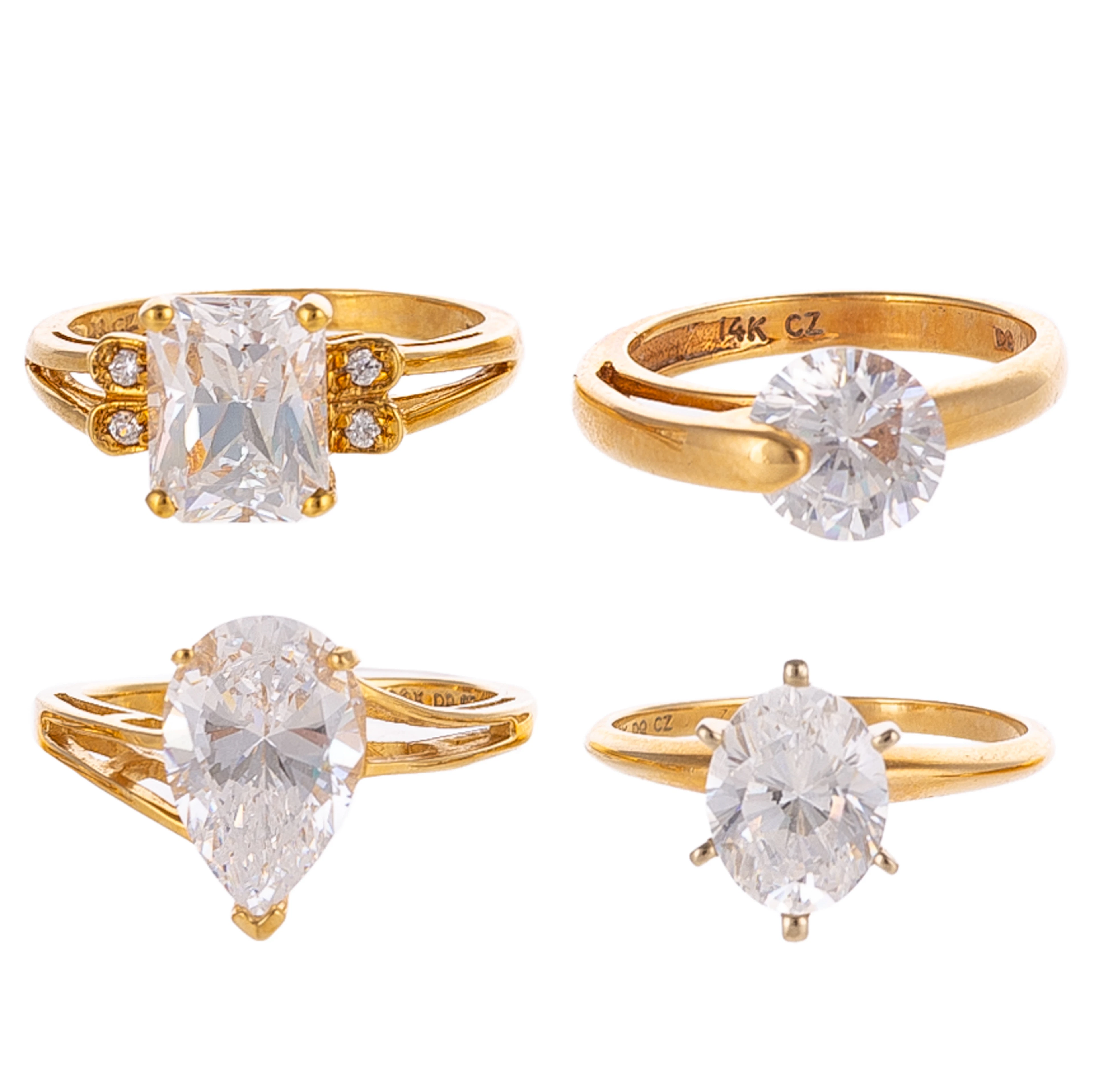 Four Various Shaped CZ Rings in 14K