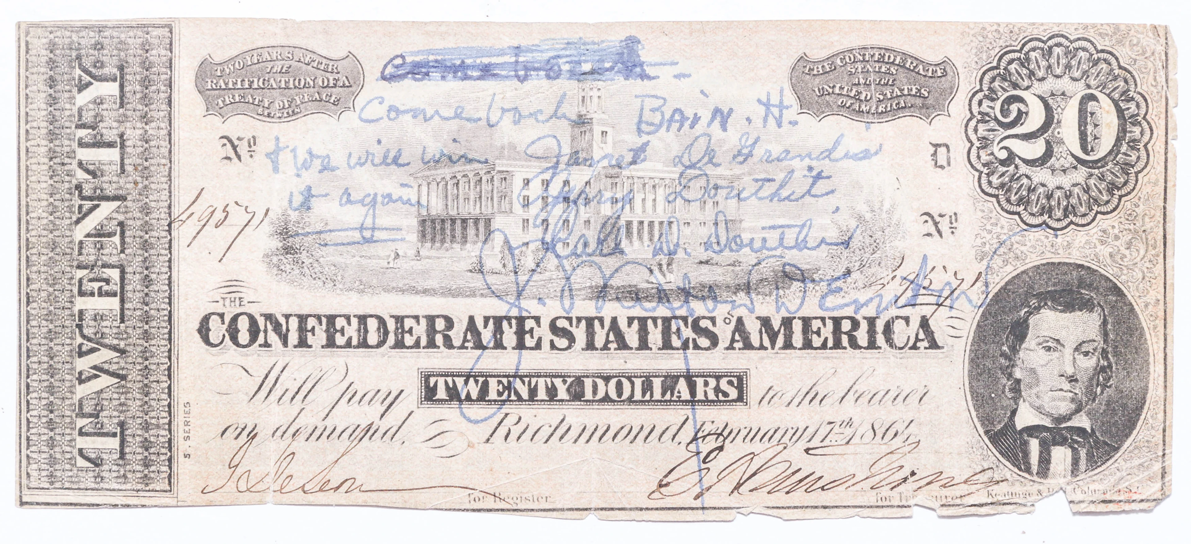 1864 $20 CSA with Interesting Obverse Message