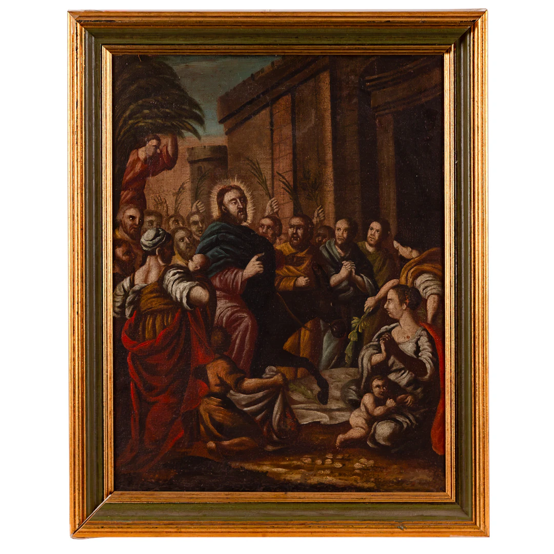 Flemish School, 17th c., "Triumphal Entry of Christ into Jerusalem," oil