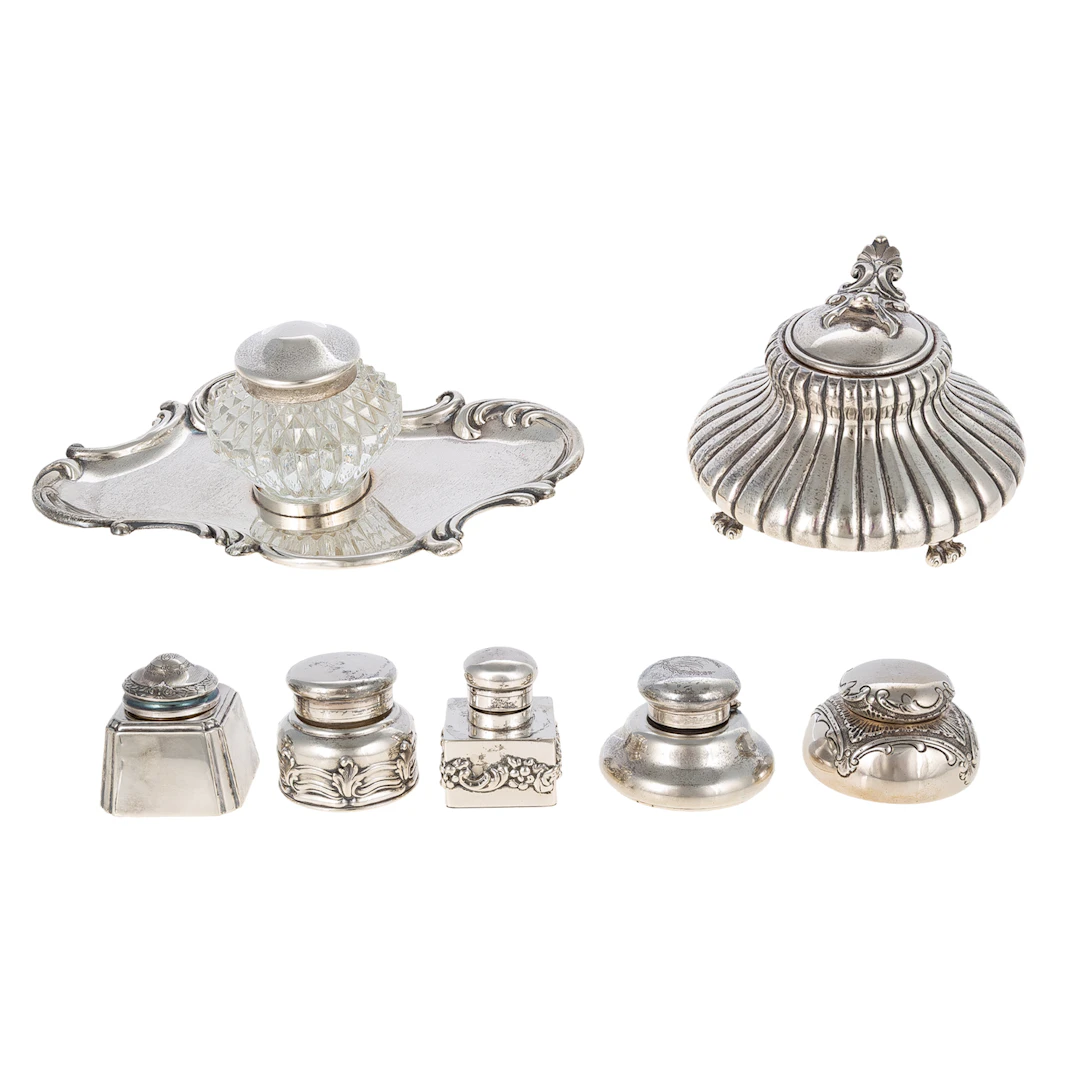 Seven American Sterling Inkwells Including Tiffany