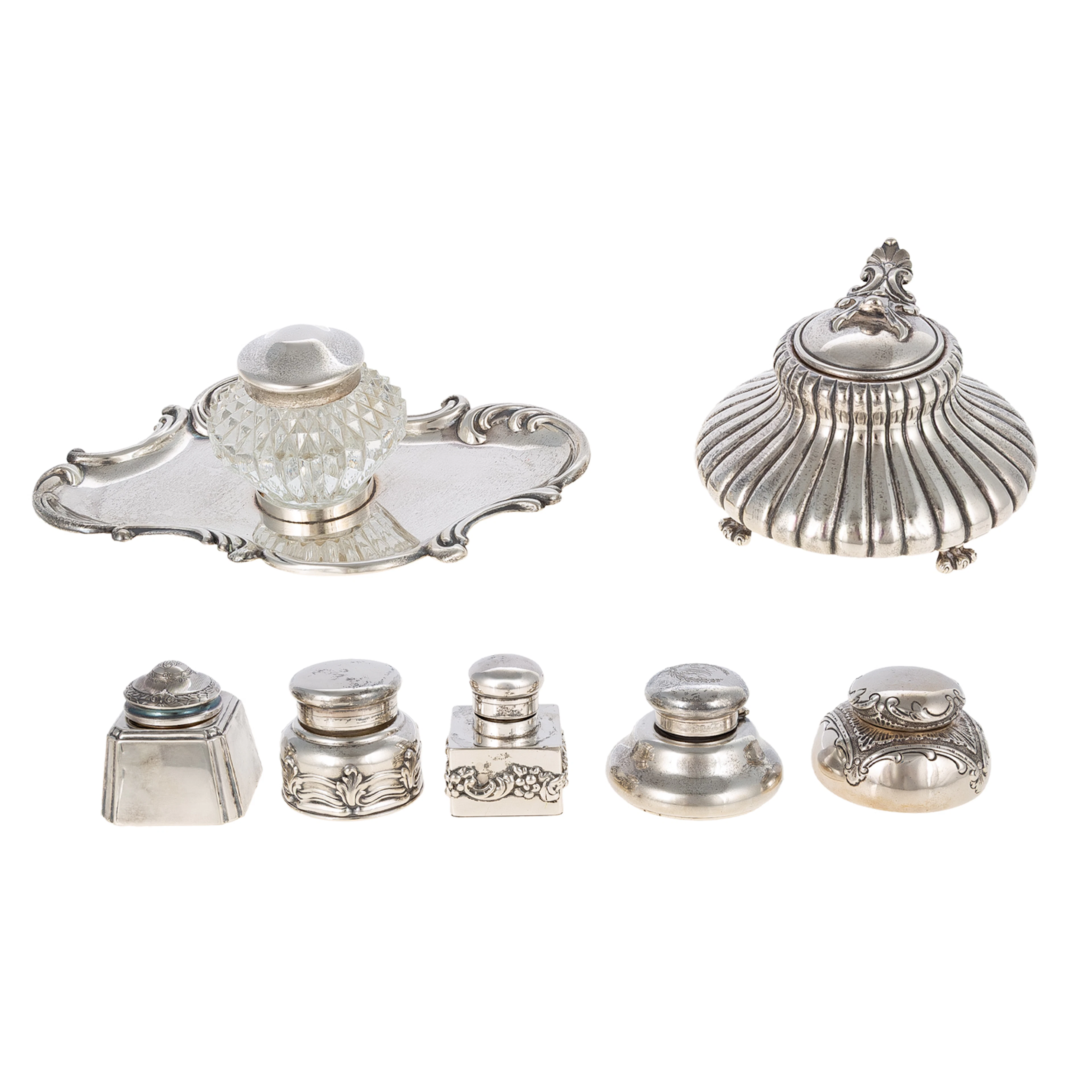 Seven American Sterling Inkwells Including Tiffany
