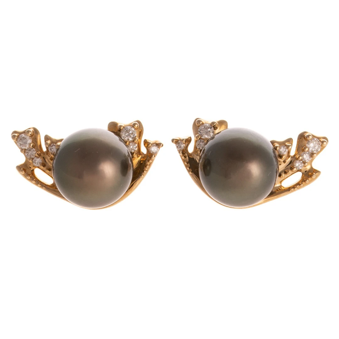 A Pair of Tahitian Pearl & Diamond Earrings in 14K