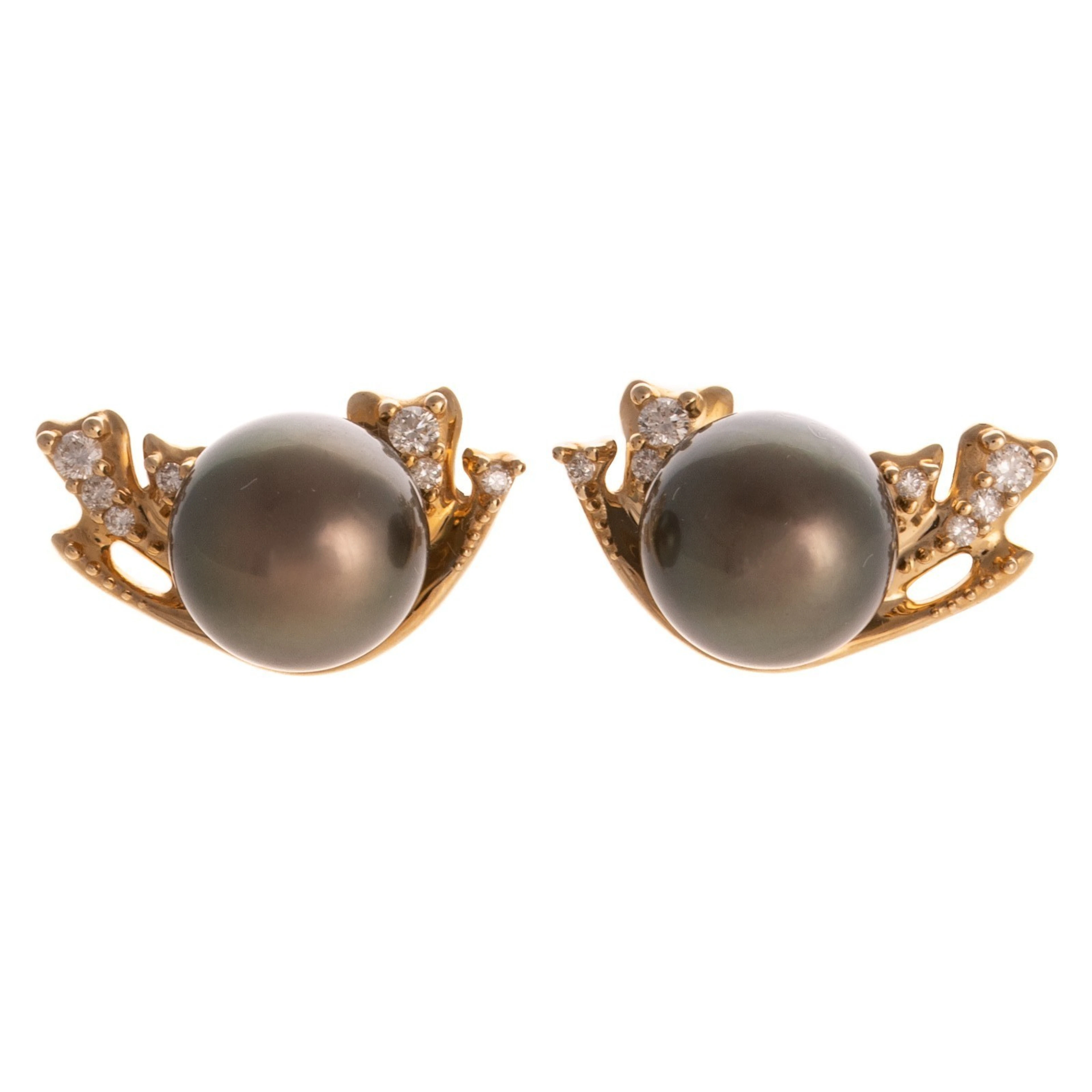 A Pair of Tahitian Pearl & Diamond Earrings in 14K