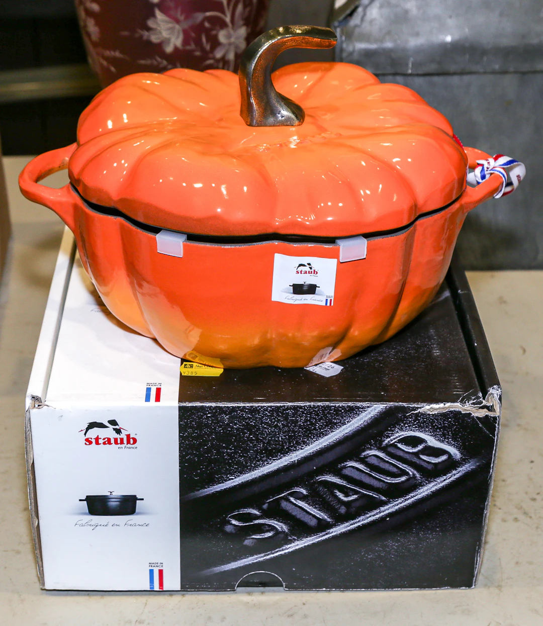 A Staub Enameled Cast Iron Pumpkin Pot