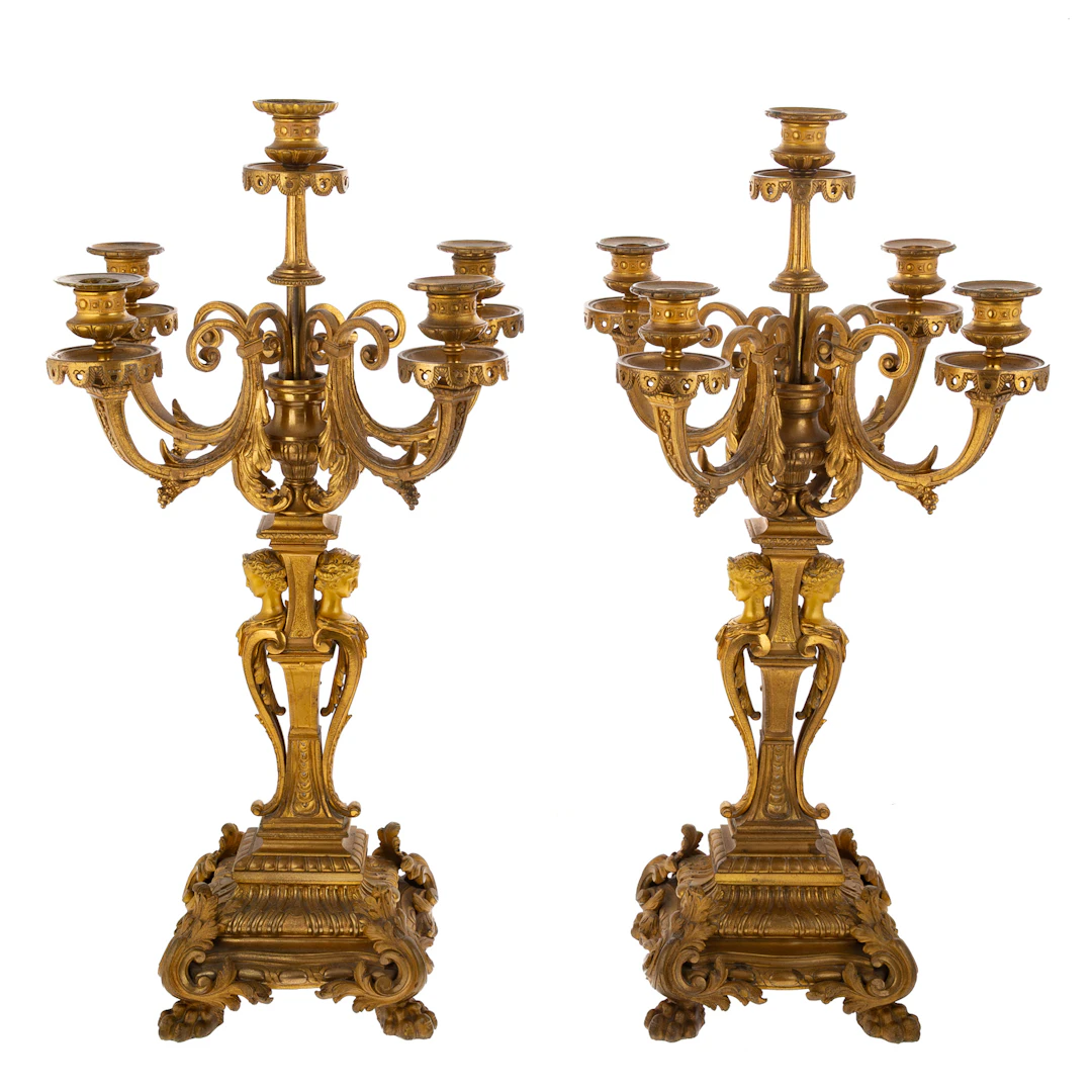 A Pair of Gilt Bronze Five-Light Candelabra