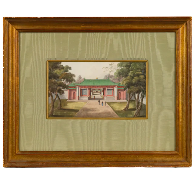 19th Century. Chinese Export Gouache of Temple Entrance